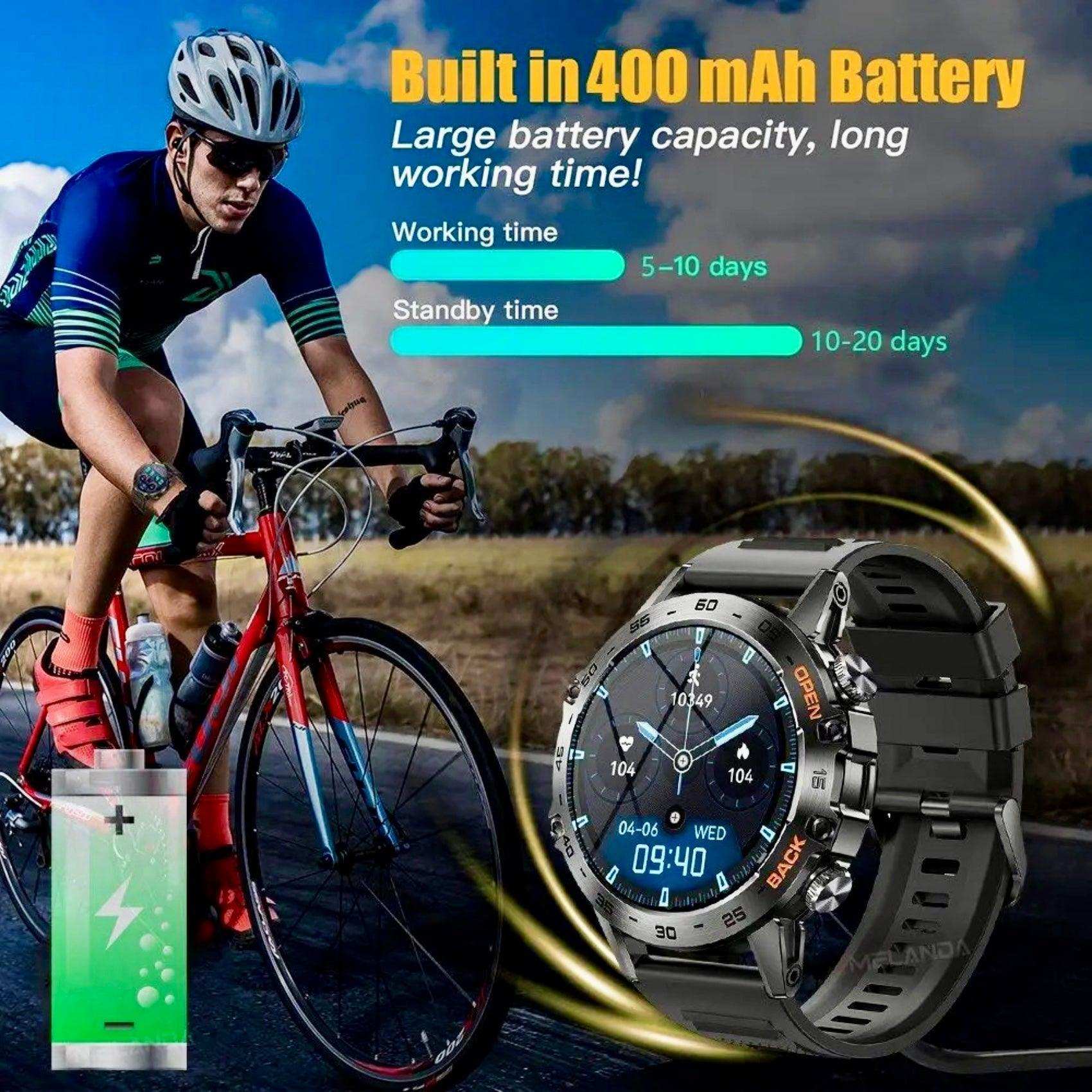 Cyclist wearing a TUTT K52 metal military rugged smartwatch with HD display and battery stats, TUTT