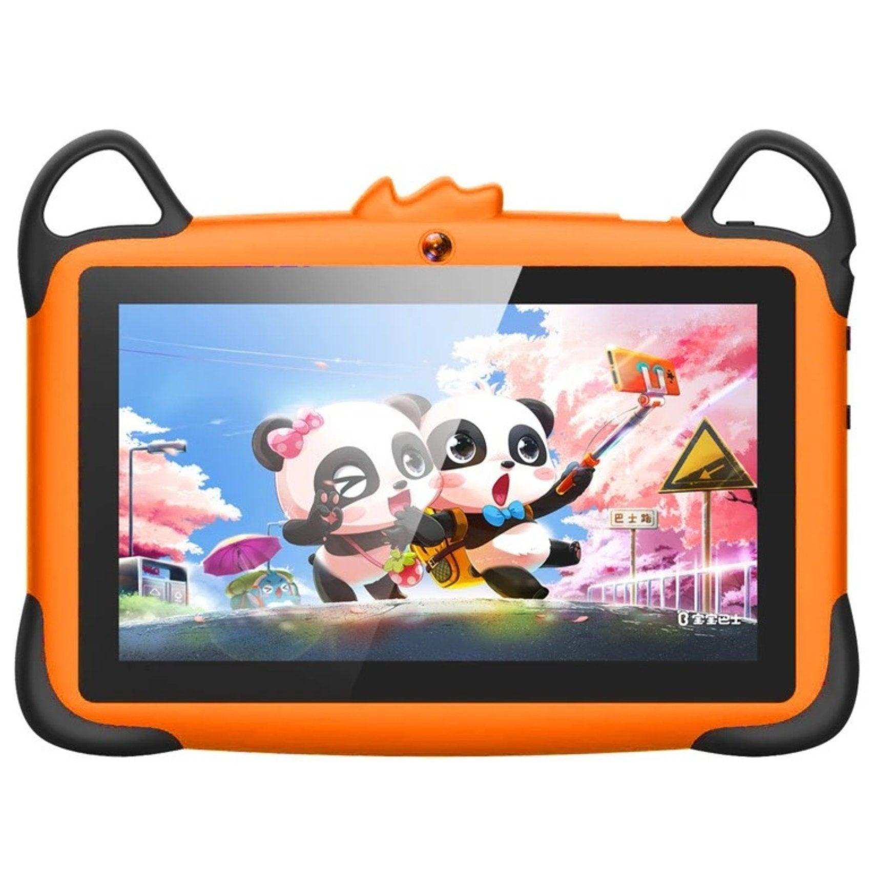 Kids learning tablet with orange drop-resistant EVA case, panda cartoon screen, HD display, TUTT