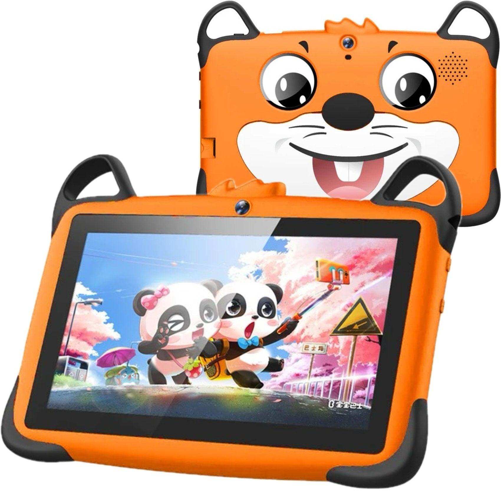 Orange kids tablet with animal face design, dual cameras, and cartoon panda screen display, TUTT