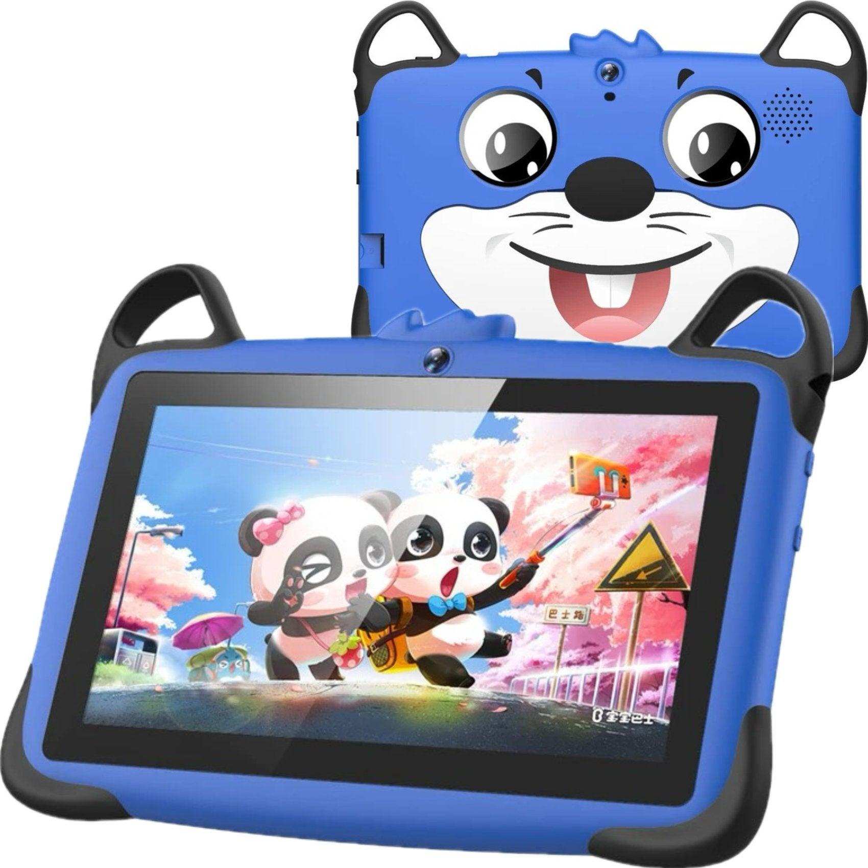 Blue drop-resistant EVA kids tablet case with cartoon animal face and screen showing panda animation, TUTT