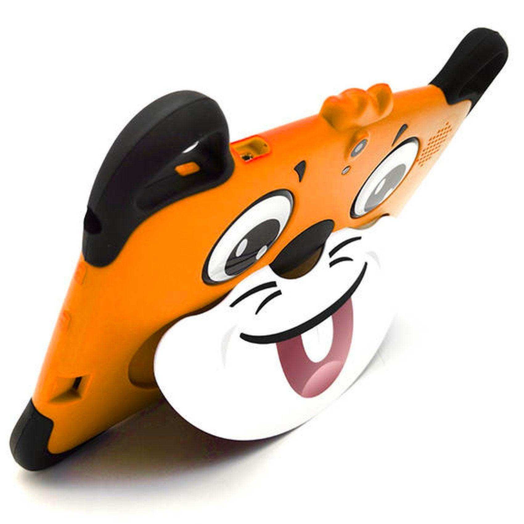 Orange EVA drop-resistant kids tablet case with cute cartoon dog face design, rear view. TUTT