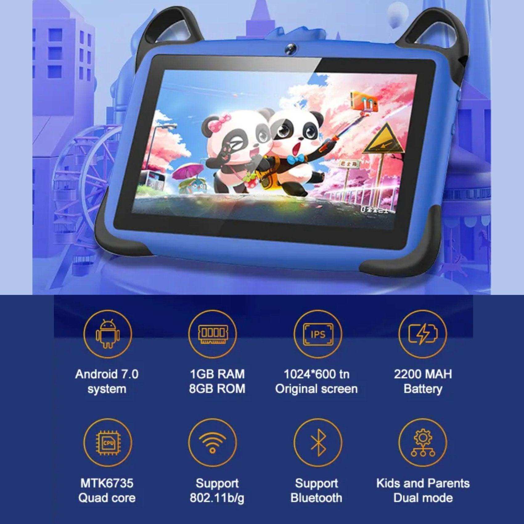 Blue kids tablet with cartoon panda case, educational features, specs and controls shown, TUTT