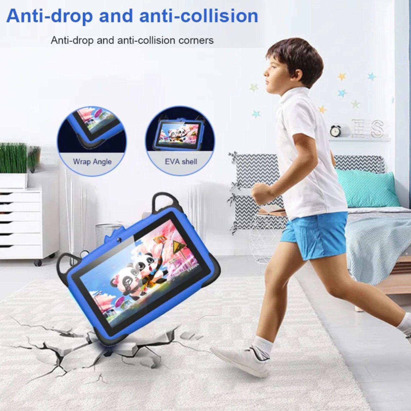 Child running in bedroom with anti-drop EVA case kids tablet on floor, educational, durable TUTT