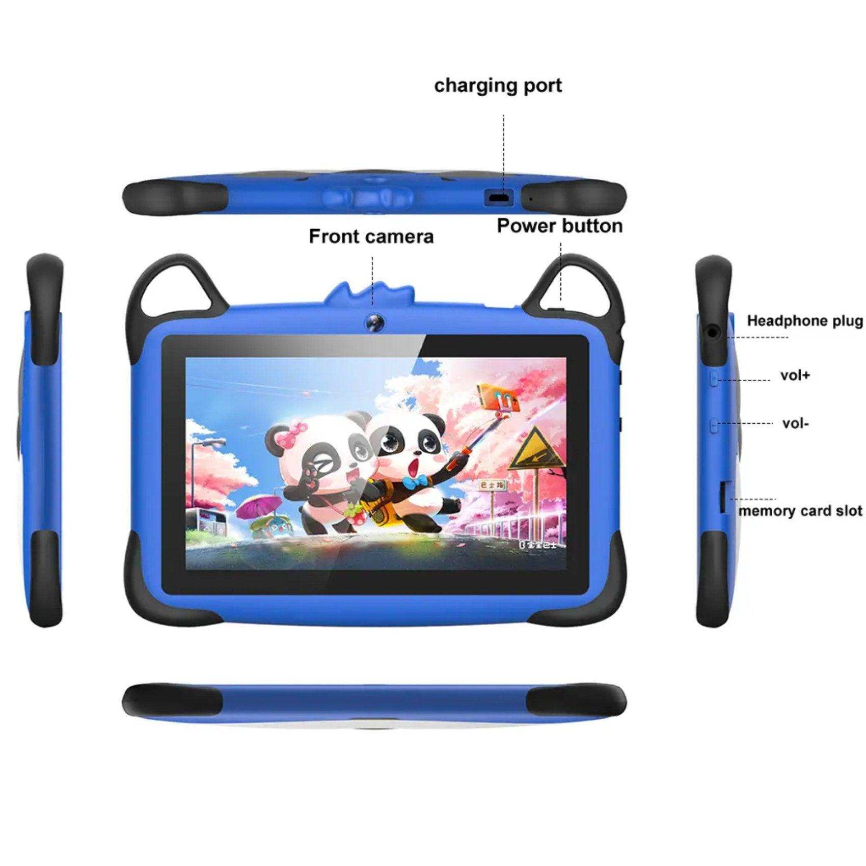 Blue drop-resistant kids educational tablet case with panda cartoon display, labeled ports and buttons, TUTT
