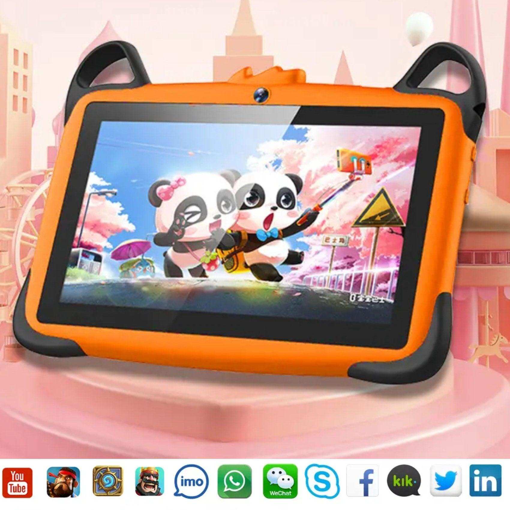 Orange drop-resistant kids tablet with panda cartoon on screen, childproof case, TUTT
