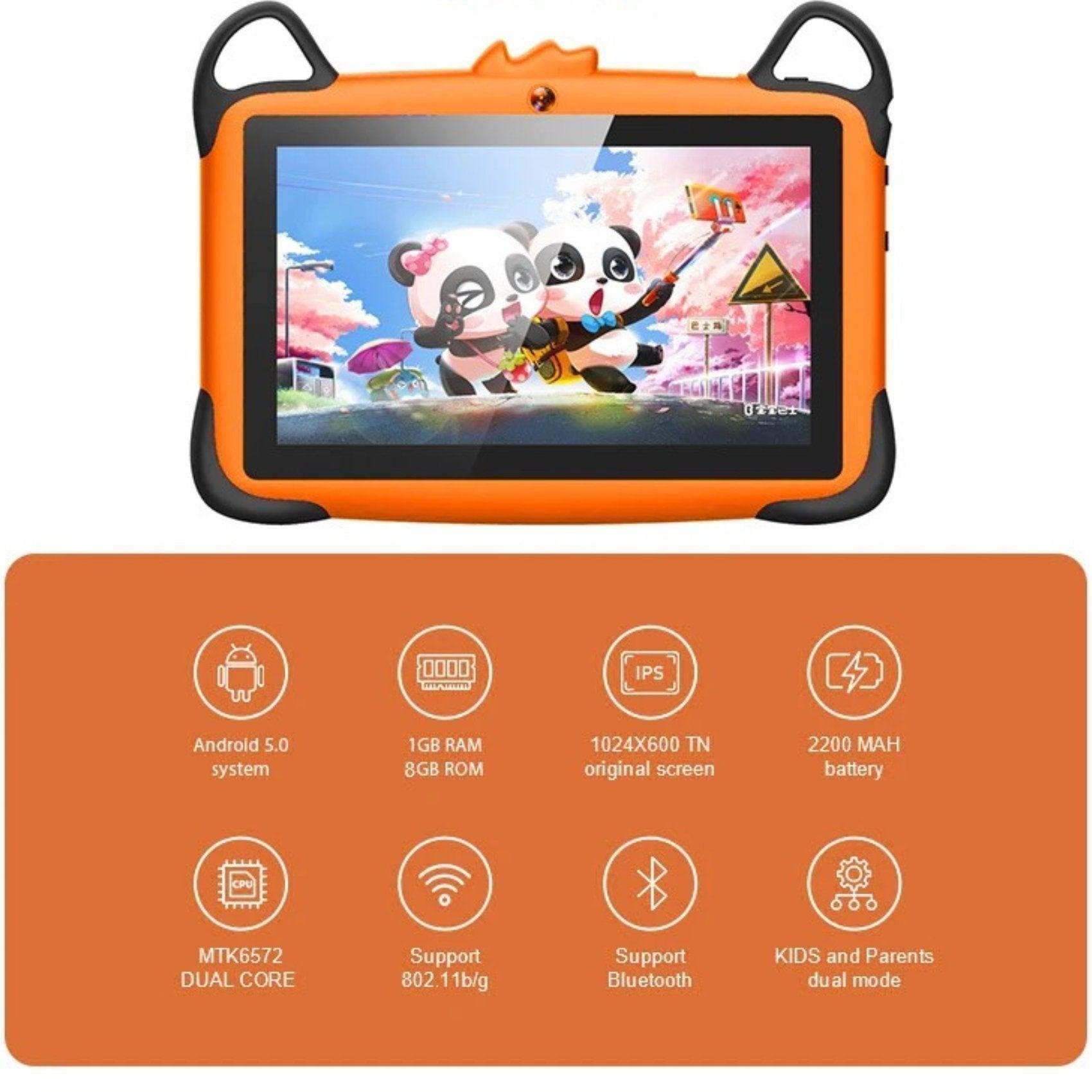 Orange drop-resistant kids tablet with panda cartoon display and feature icons below, TUTT