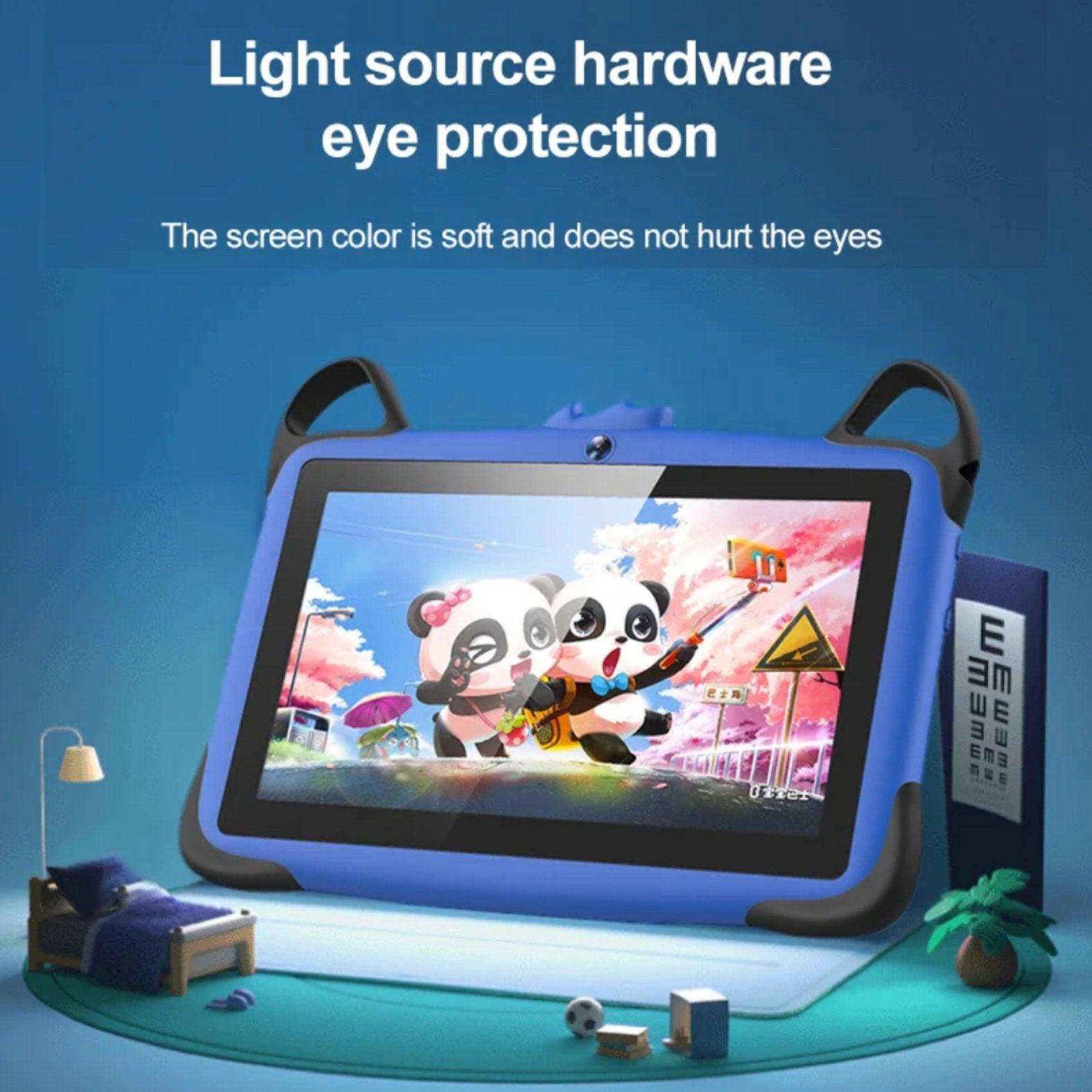 Blue drop-resistant kids tablet with panda cartoon on screen, eye protection feature, TUTT