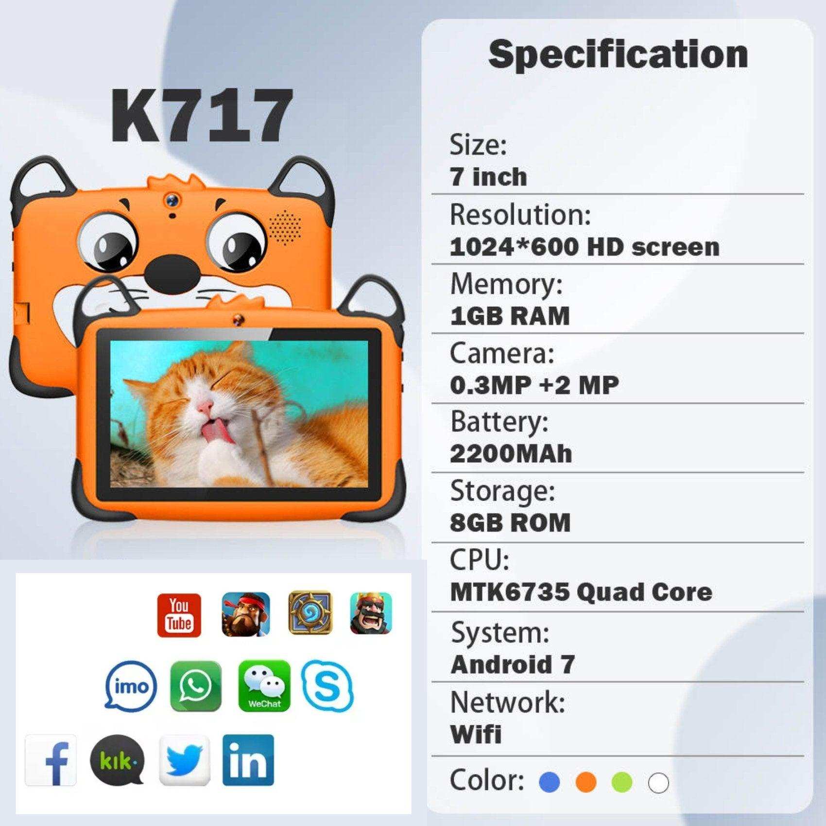 Orange drop-resistant EVA kids tablet with cat image on screen, specs and social media icons, TUTT