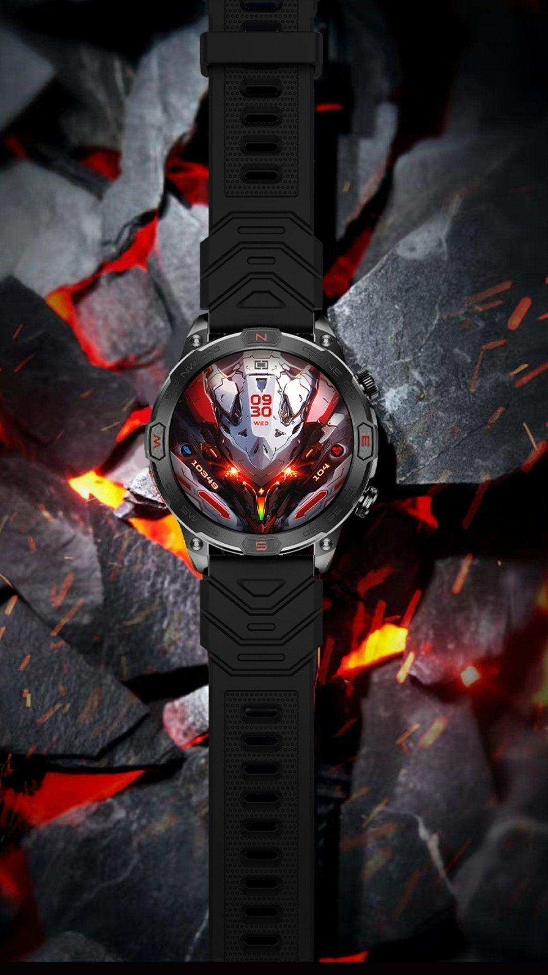 AMOLED rugged outdoor smart watch with black band and digital display on hot rocks, TUTT