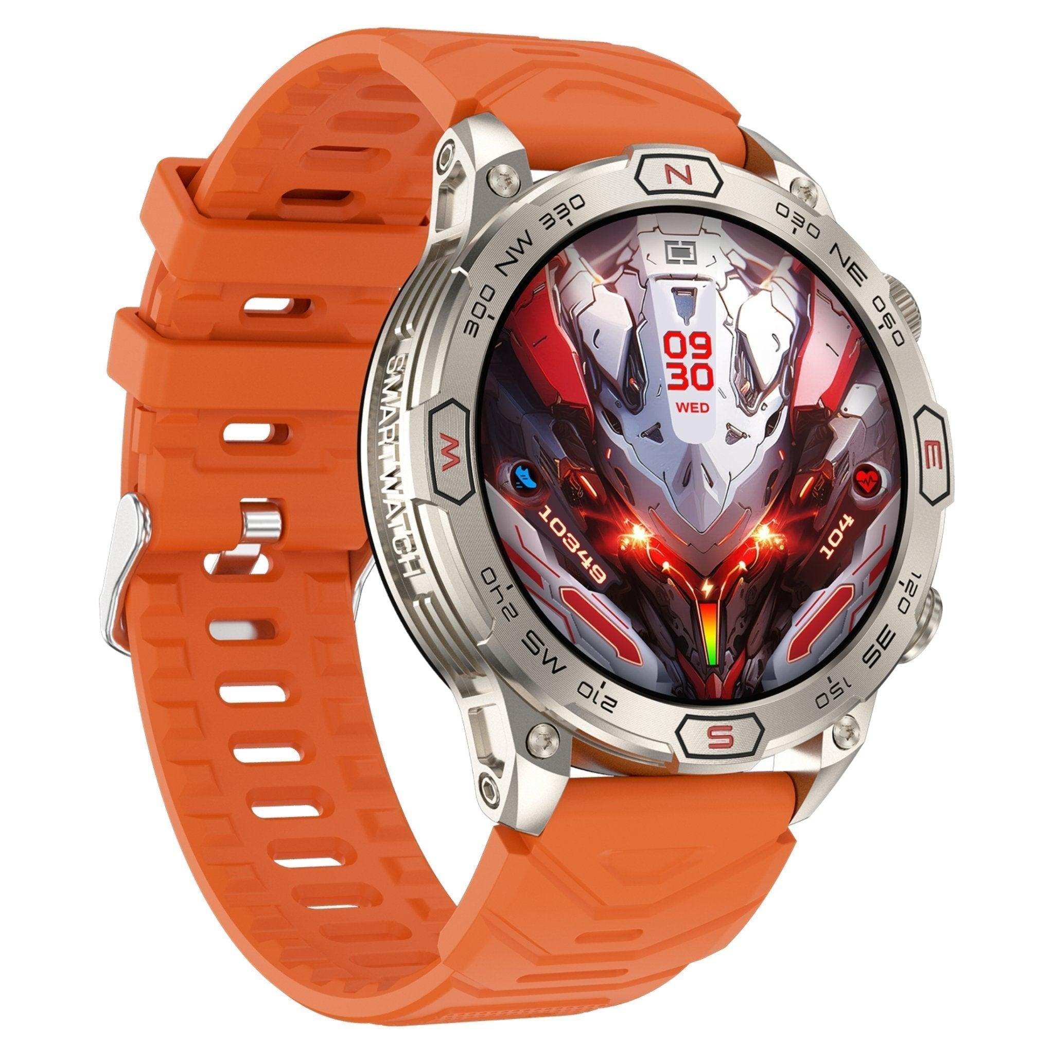 AMOLED rugged outdoor smartwatch with orange strap, compass bezel, digital display, TUTT