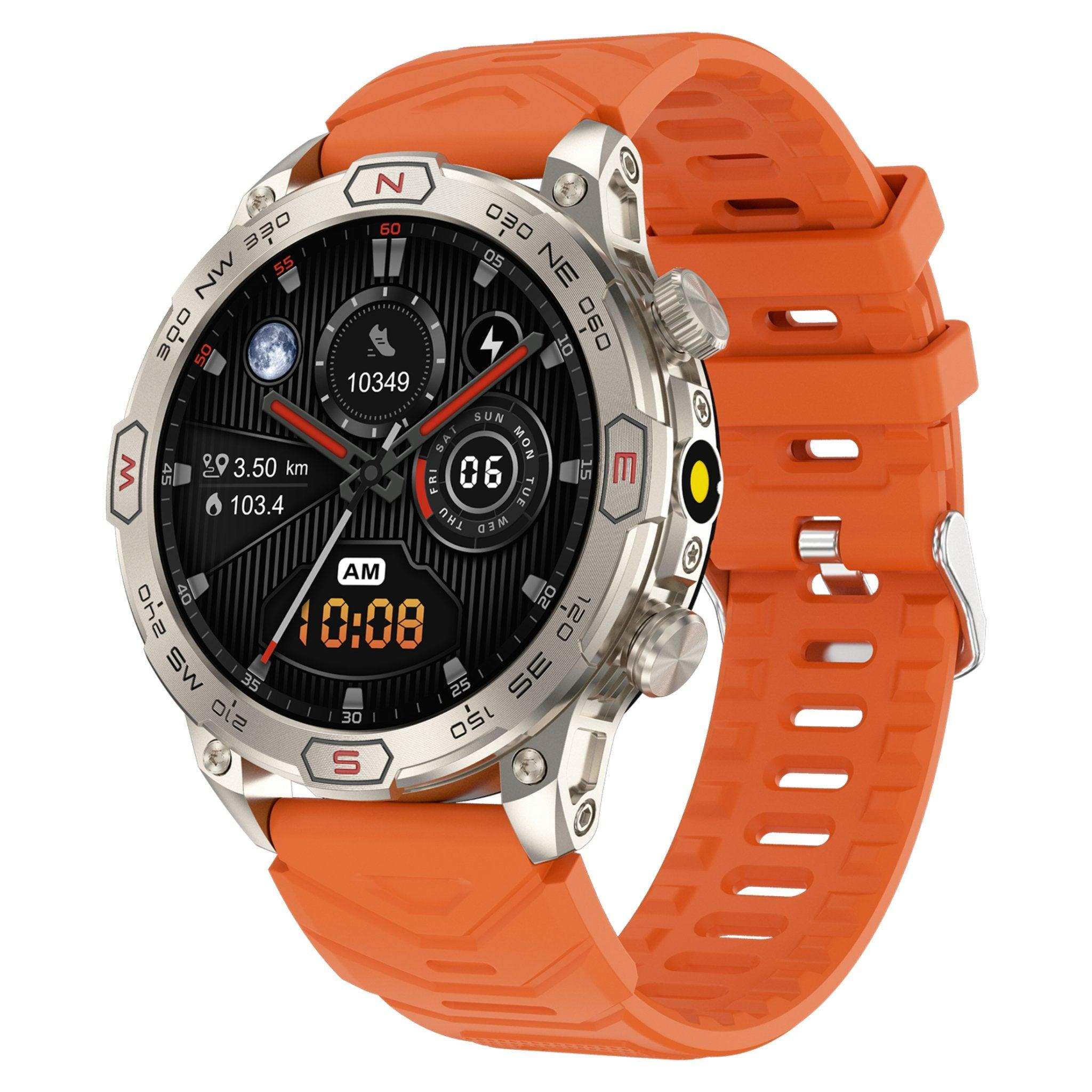 Orange rugged outdoor smartwatch with compass bezel, AMOLED display and health tracking. TUTT