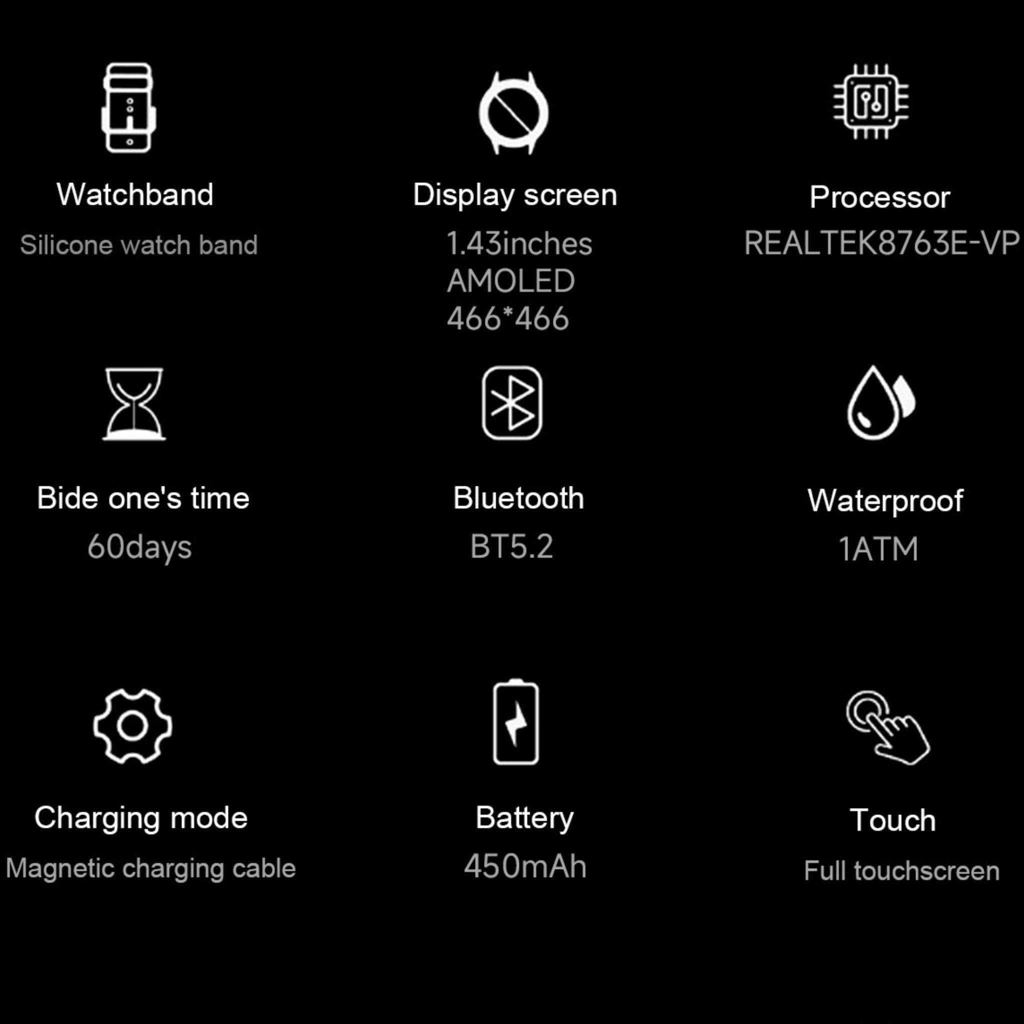 Specs chart for rugged AMOLED outdoor smartwatch with 1.43" screen, 450mAh battery, 1ATM waterproof, Bluetooth 5.2. TUTT