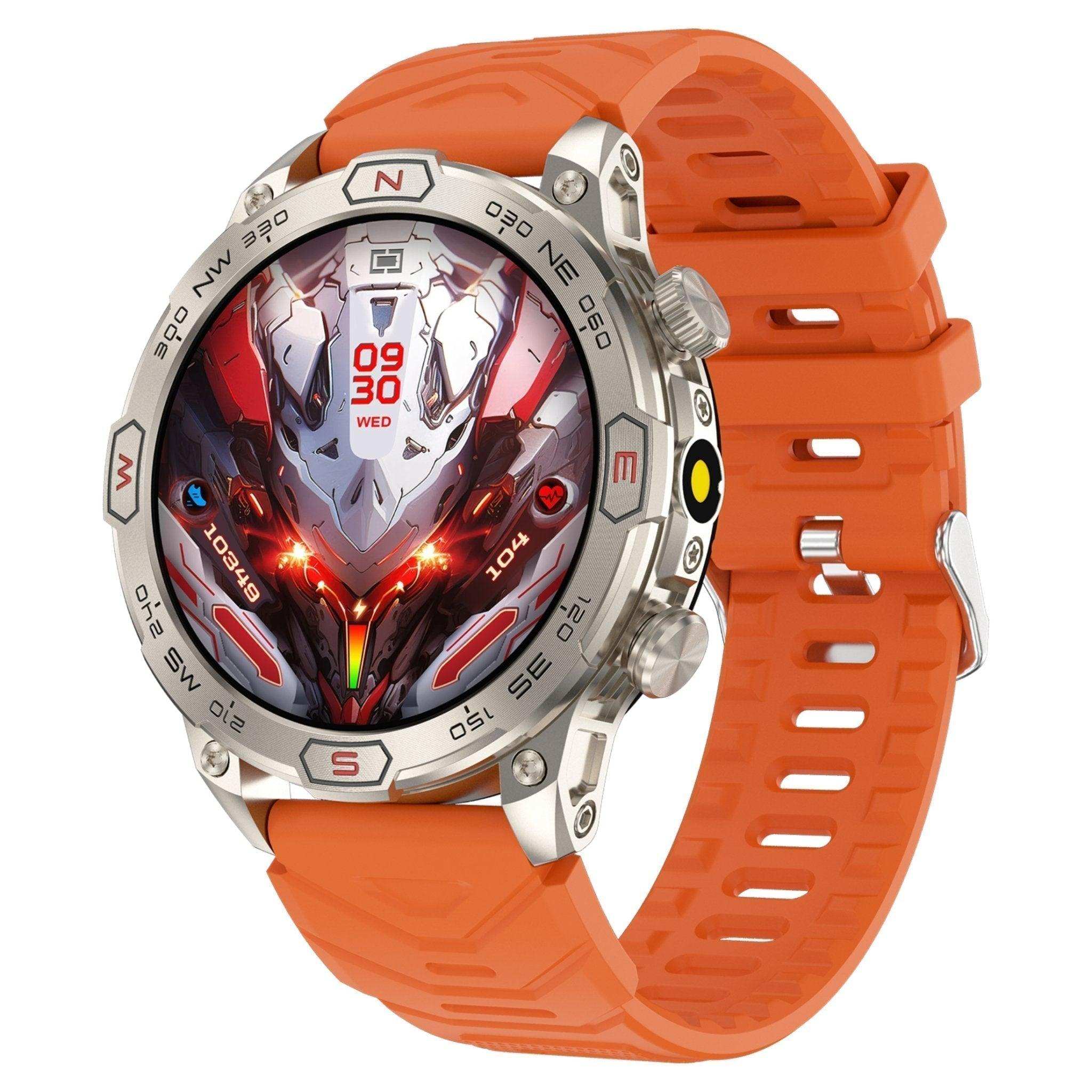 Orange rugged outdoor smart watch with compass bezel and AMOLED display, zinc alloy case, robotic digital interface. TUTT