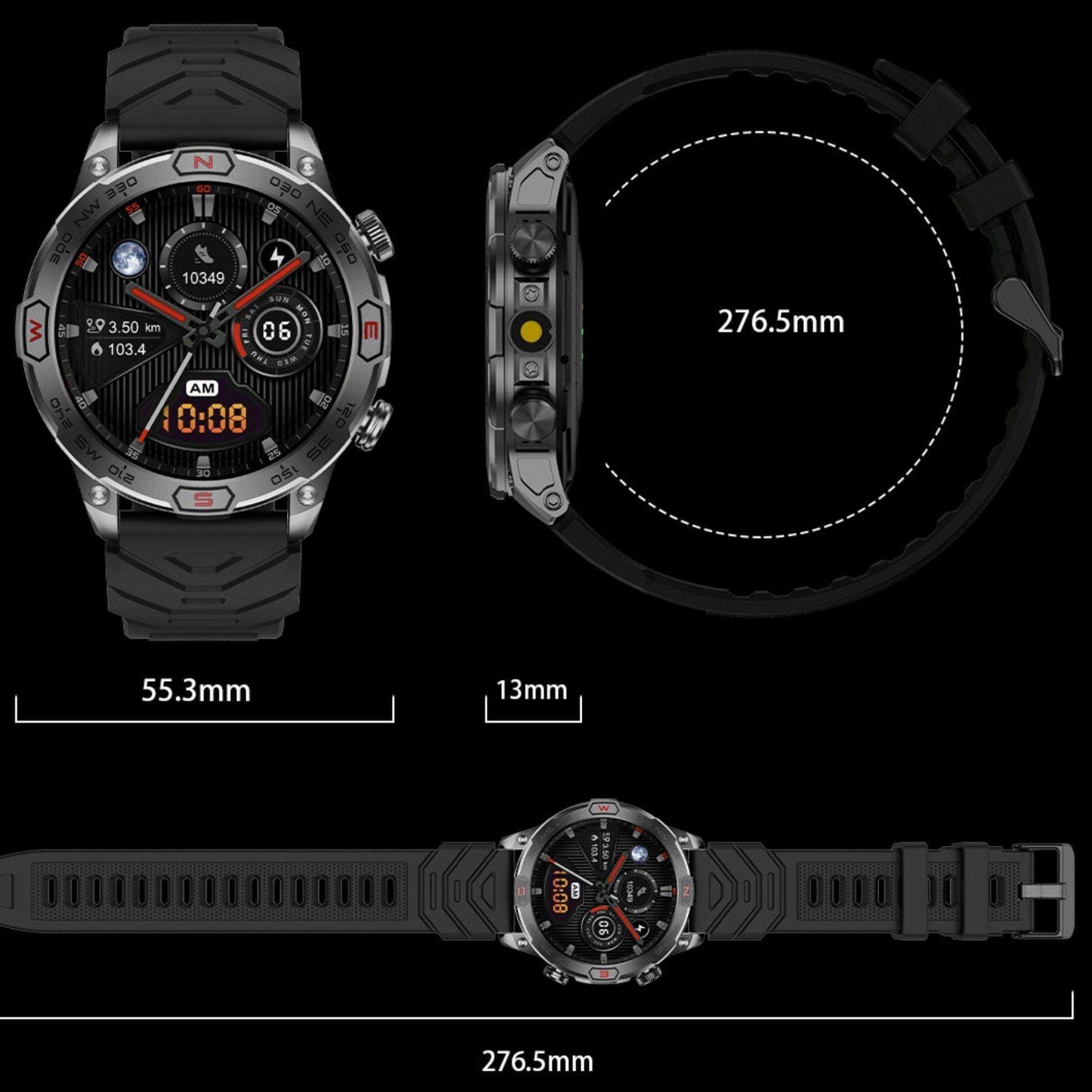TUTT KC86 rugged outdoor AMOLED smart watch, zinc alloy case, black band, with compass and barometer, dimensions shown. TUTT