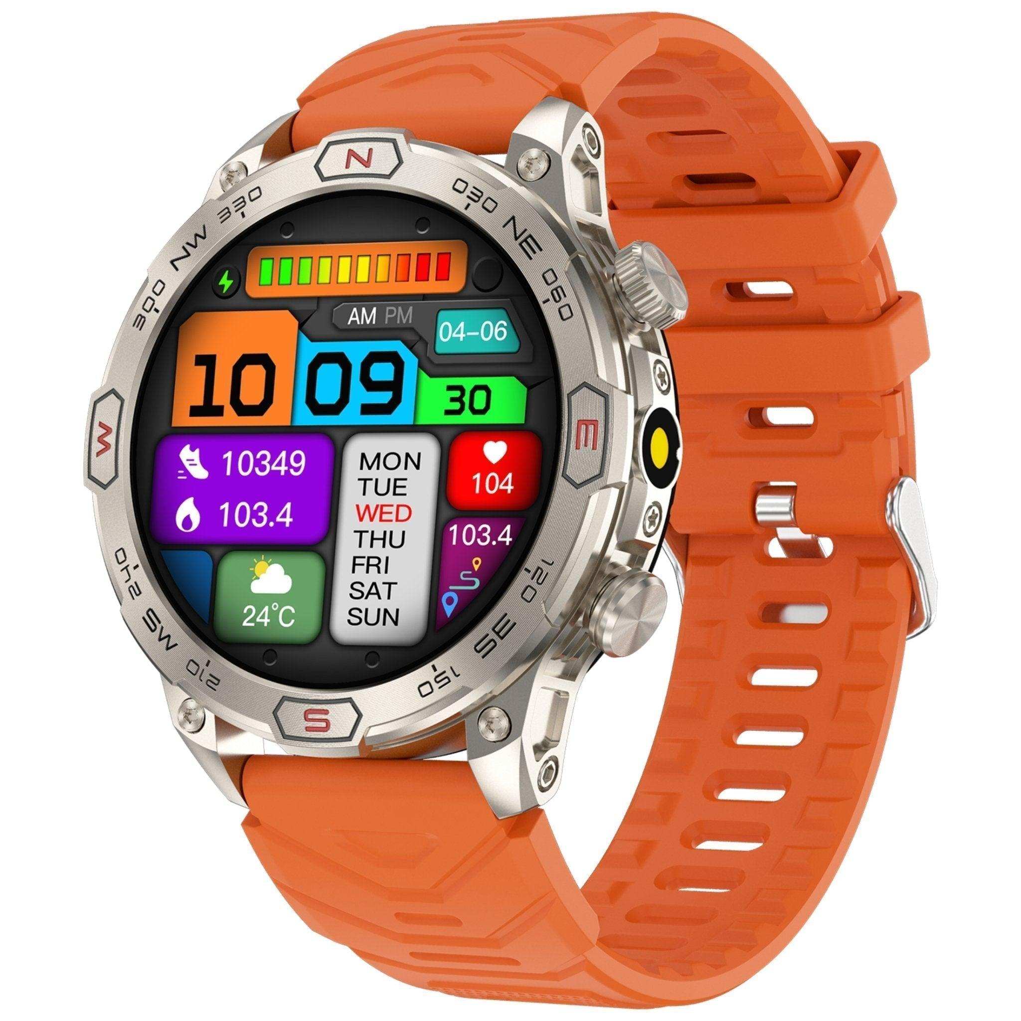 Rugged outdoor smart watch with orange strap, AMOLED display, compass bezel, colorful health and weather stats, and stainless steel body TUTT