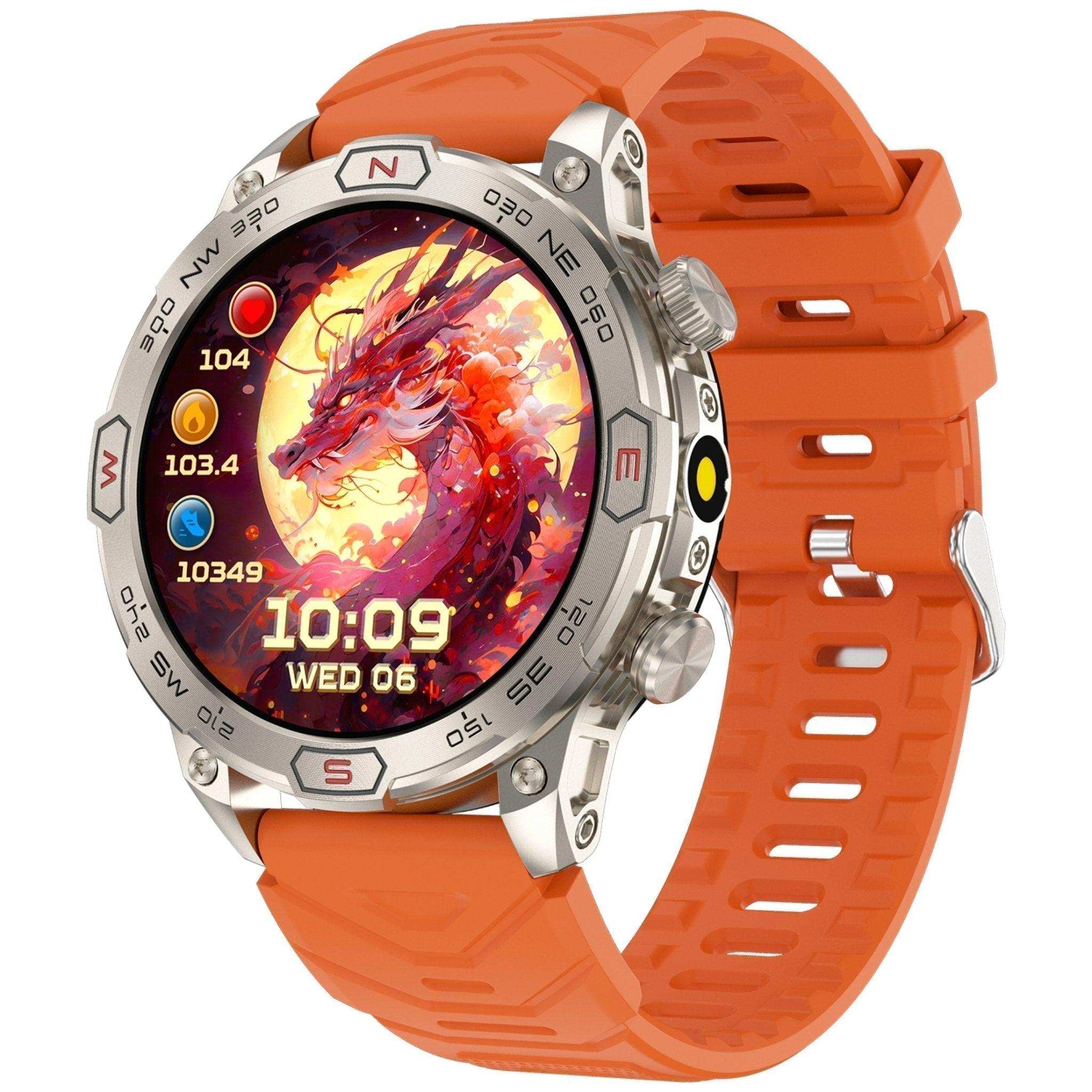 Rugged outdoor smart watch with orange band, round AMOLED display, dragon watch face, compass bezel, and health stats TUTT