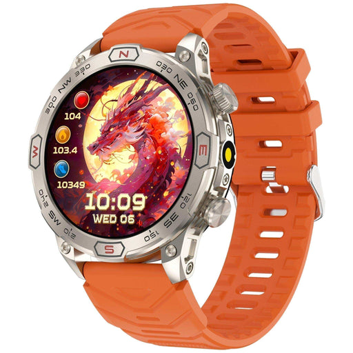 Rugged outdoor smart watch with orange band, round AMOLED display, dragon watch face, compass bezel, and health stats TUTT