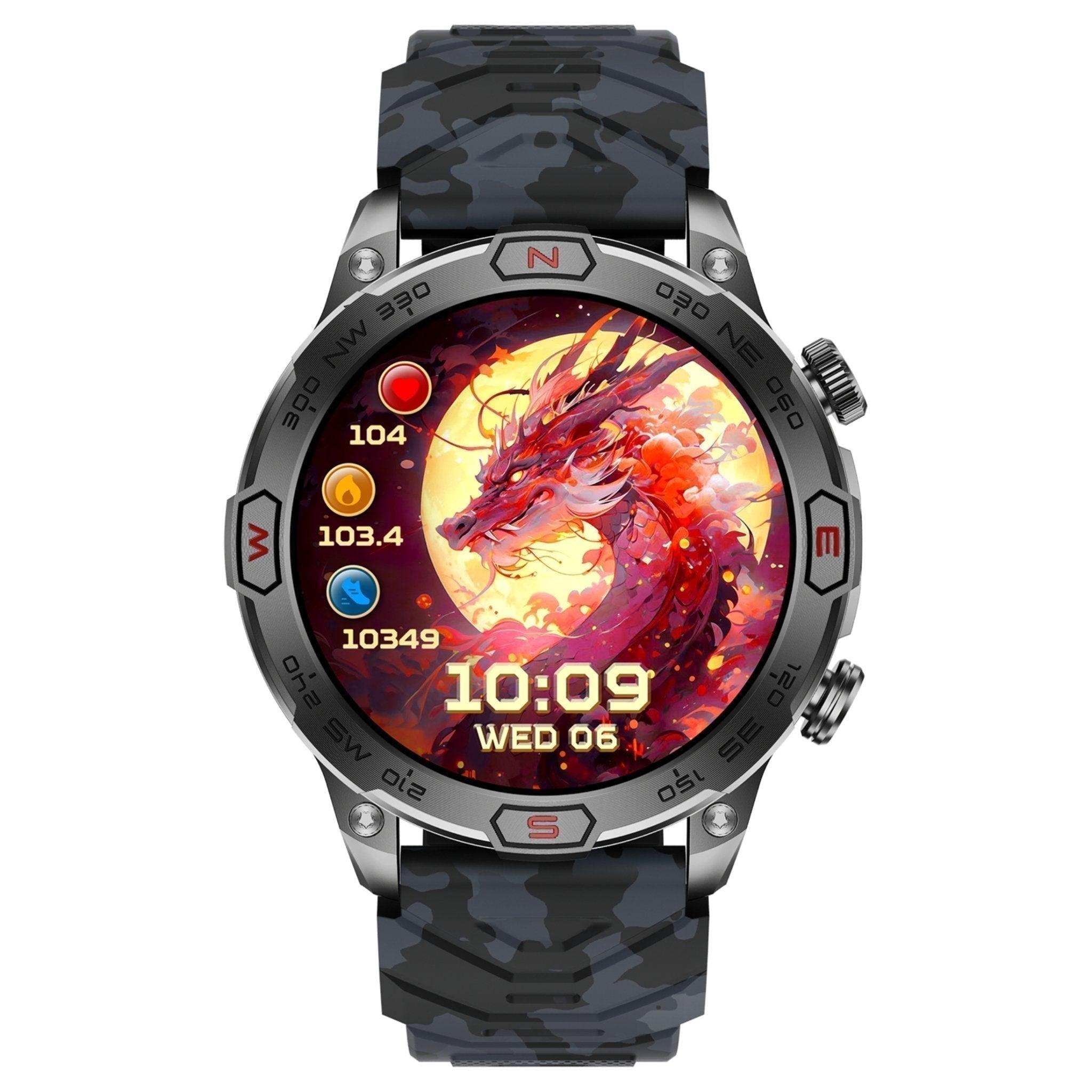 AMOLED rugged outdoor smart watch with dragon display, zinc alloy case, compass bezel, camo strap, TUTT
