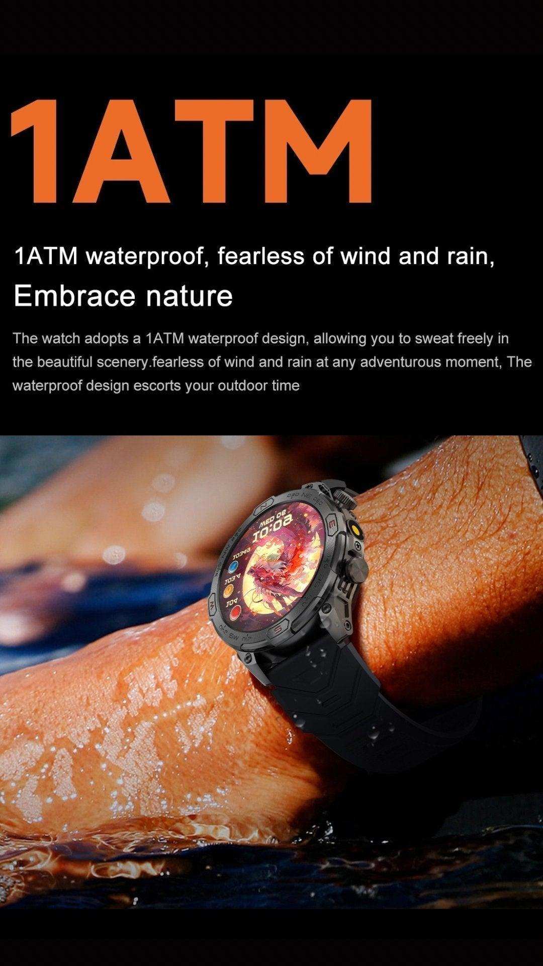 Rugged outdoor AMOLED smart watch with black strap on wet wrist, 1ATM waterproof, TUTT
