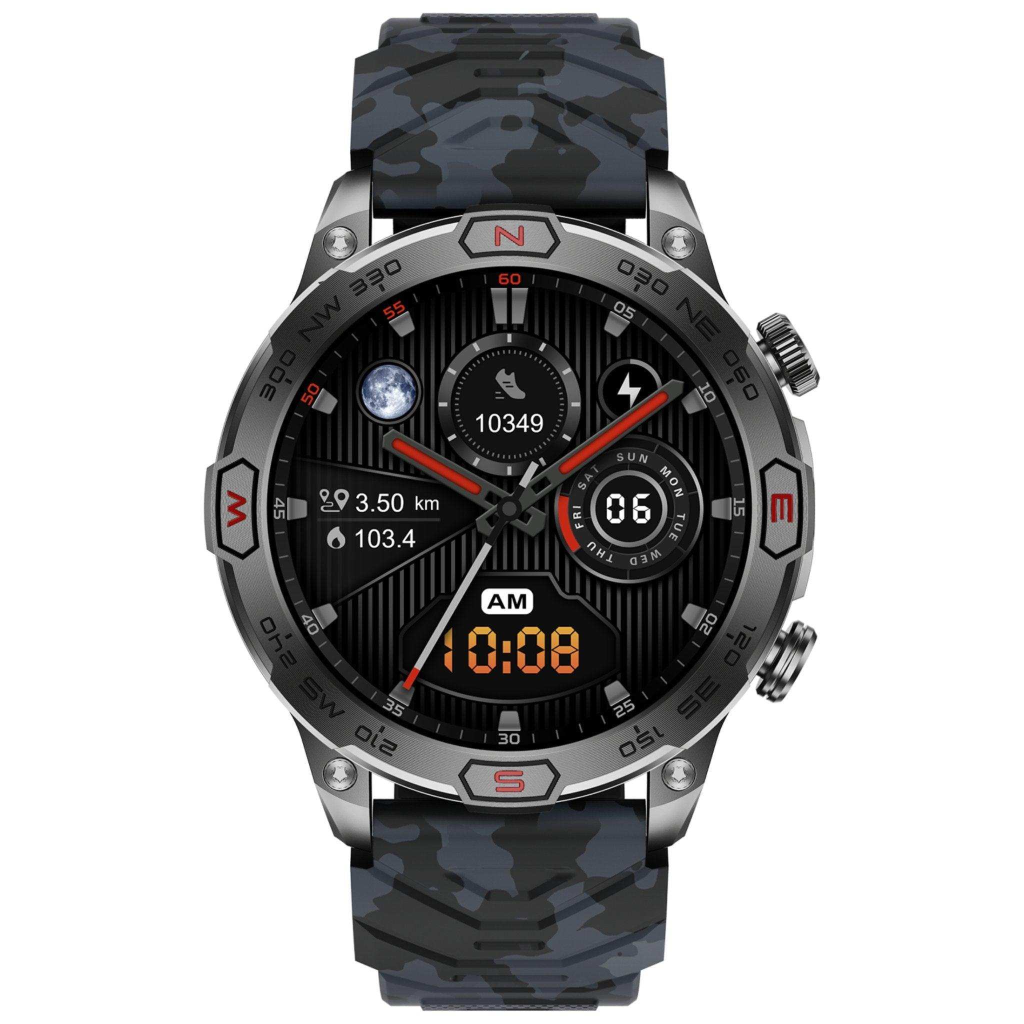 Rugged zinc alloy outdoor smart watch with black camo strap, compass bezel, and AMOLED display TUTT