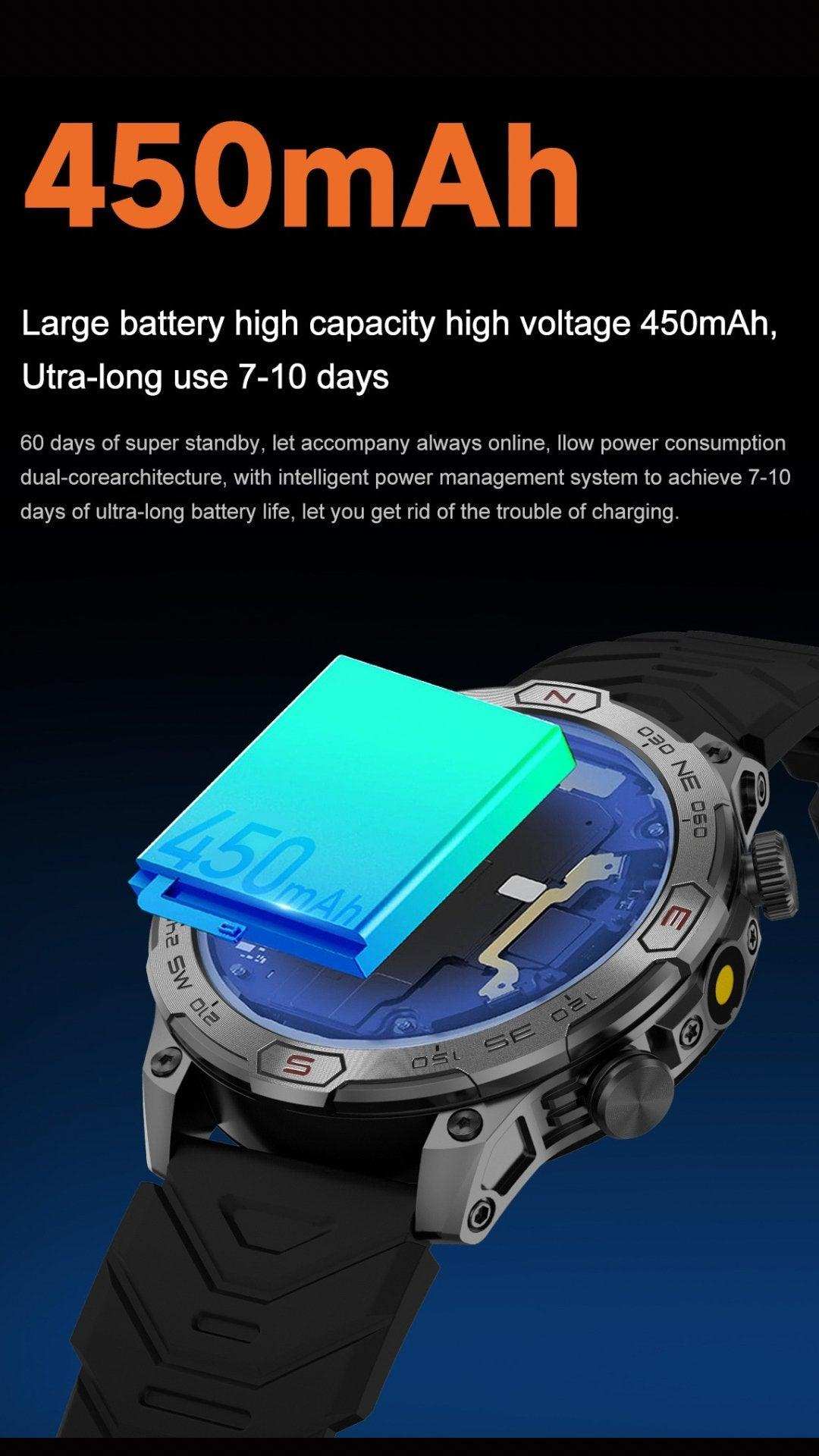 Rugged outdoor smart watch with 450mAh battery, barometer, altimeter, compass, black strap. TUTT
