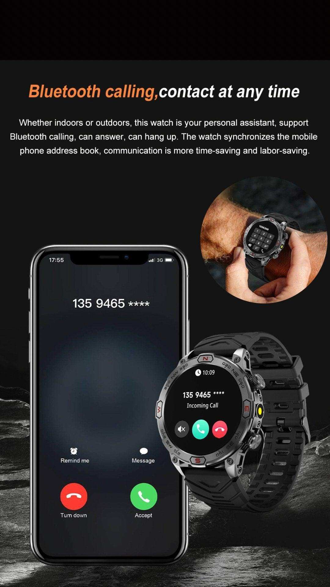 Rugged outdoor smart watch and smartphone showing Bluetooth call interface, black background. TUTT