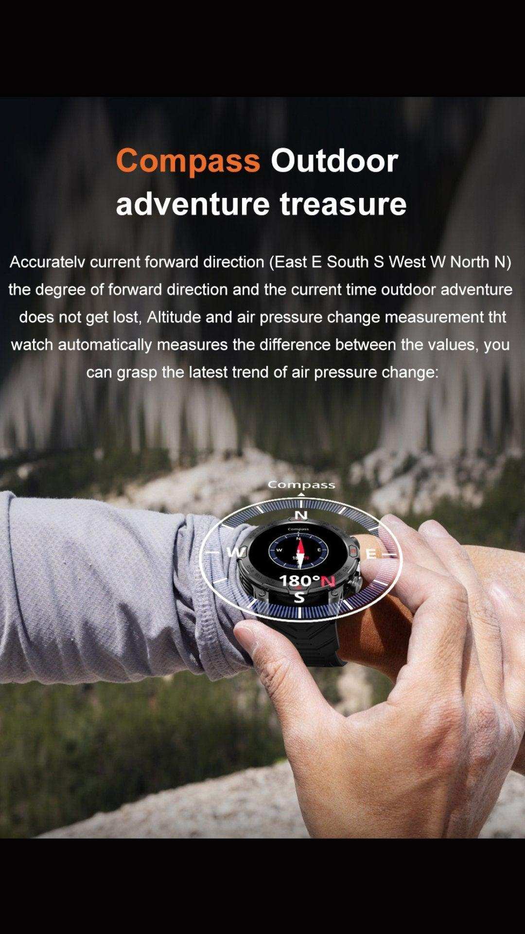 Rugged outdoor smart watch with compass feature on wrist, mountain background, zinc alloy case, AMOLED display. TUTT