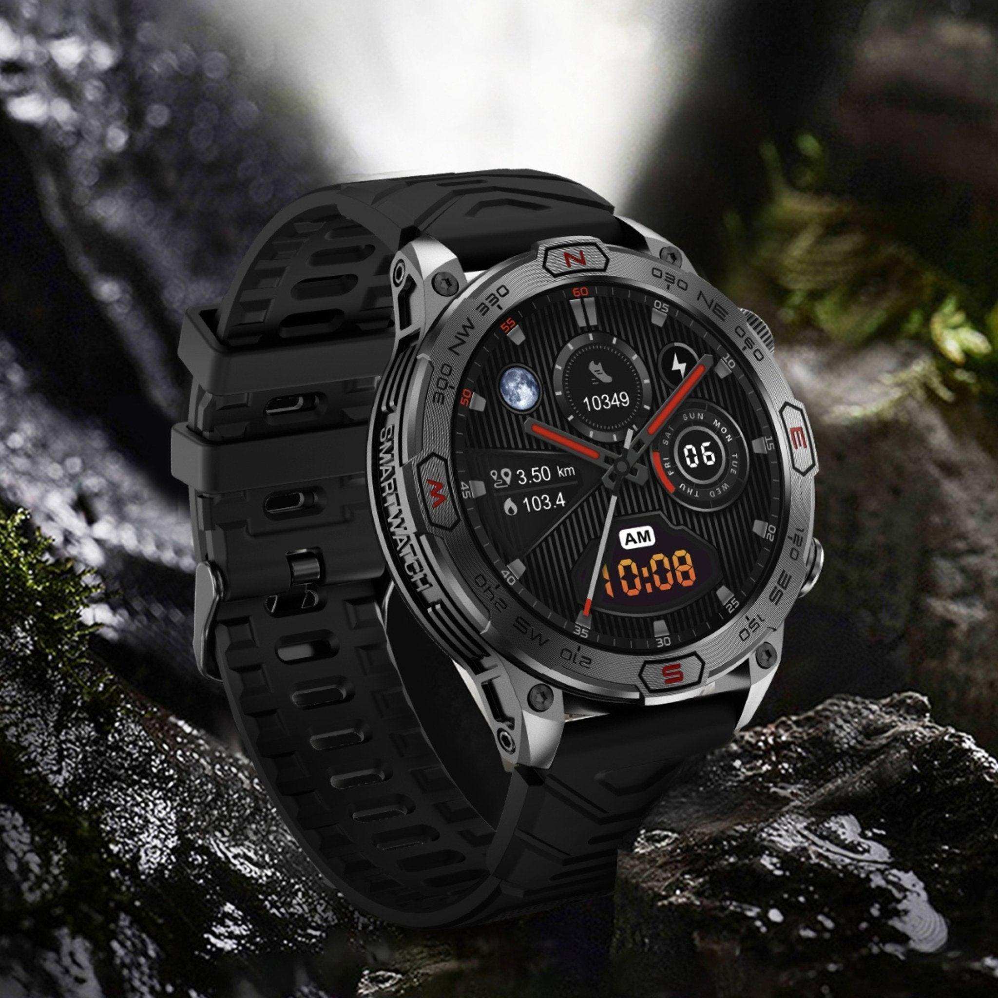 Rugged zinc alloy outdoor smartwatch with AMOLED display and compass on wet rocks, sport watch TUTT