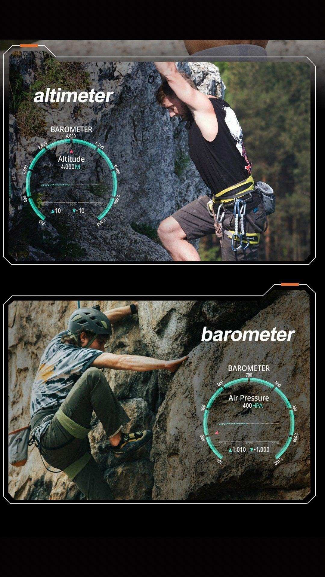 Two people rock climbing outdoors, displaying altimeter and barometer smartwatch features TUTT