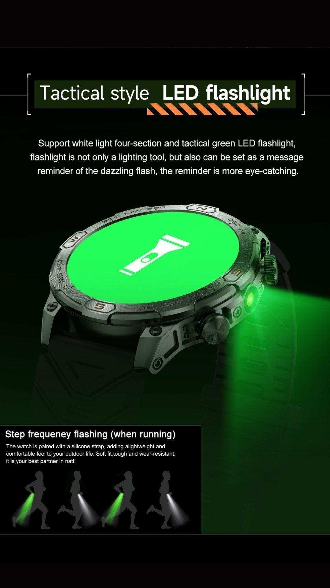 AMOLED rugged outdoor smart watch with compass bezel and green LED flashlight on display, TUTT