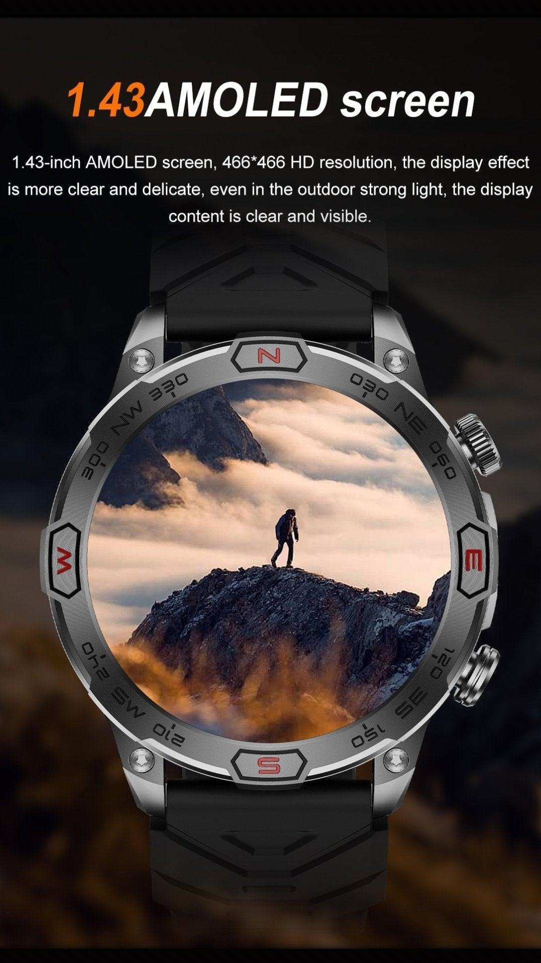 Rugged outdoor smart watch with AMOLED screen, compass bezel, and mountain hiking display, TUTT