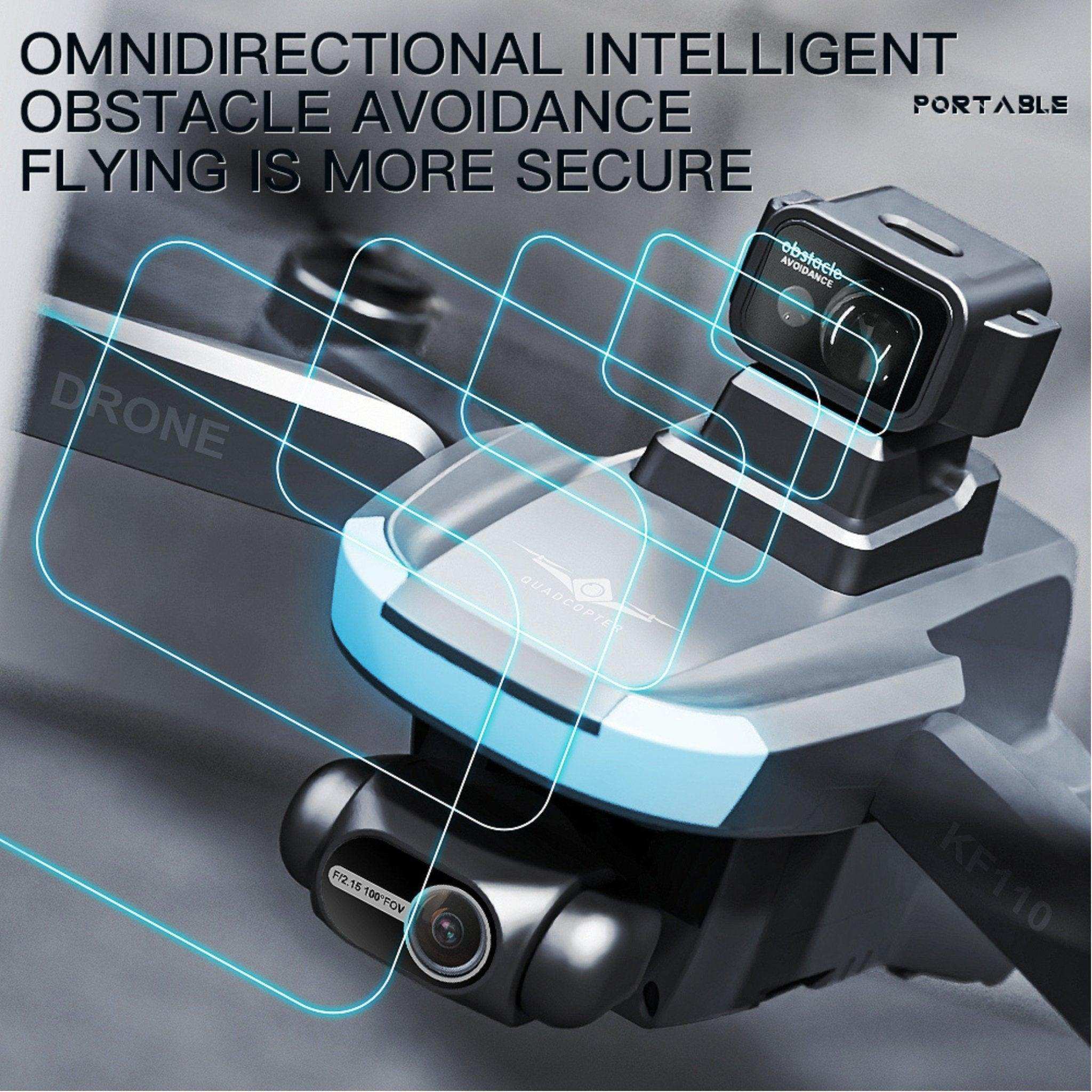 KF110 professional mini drone with dual 4K cameras, obstacle avoidance sensors and blue lights, TUTT