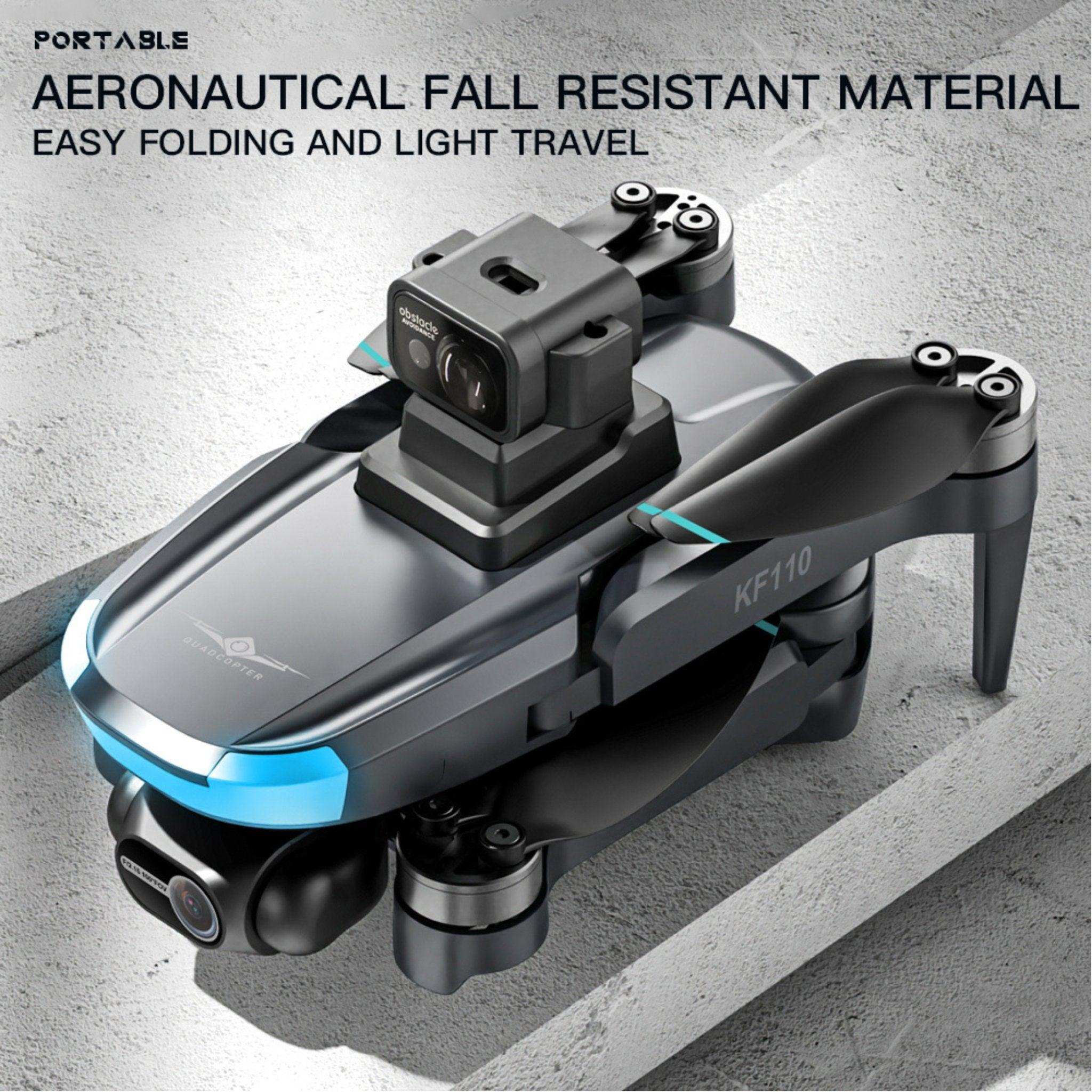 Folded KF110 mini drone with dual cameras, aeronautical material, on concrete surface. TUTT