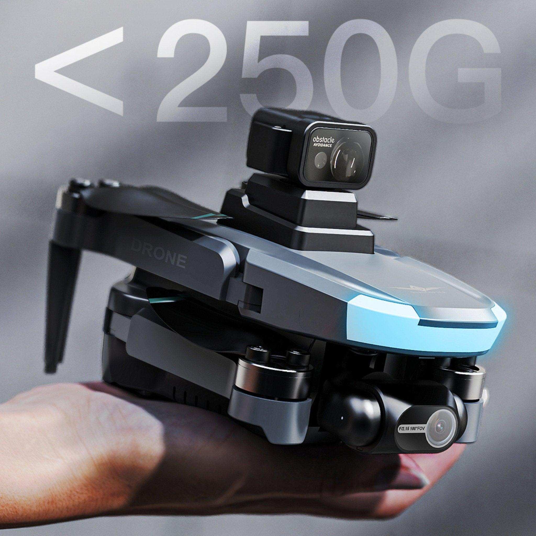 Folded mini drone with dual 4K cameras, obstacle avoidance, under 250g held in hand, TUTT