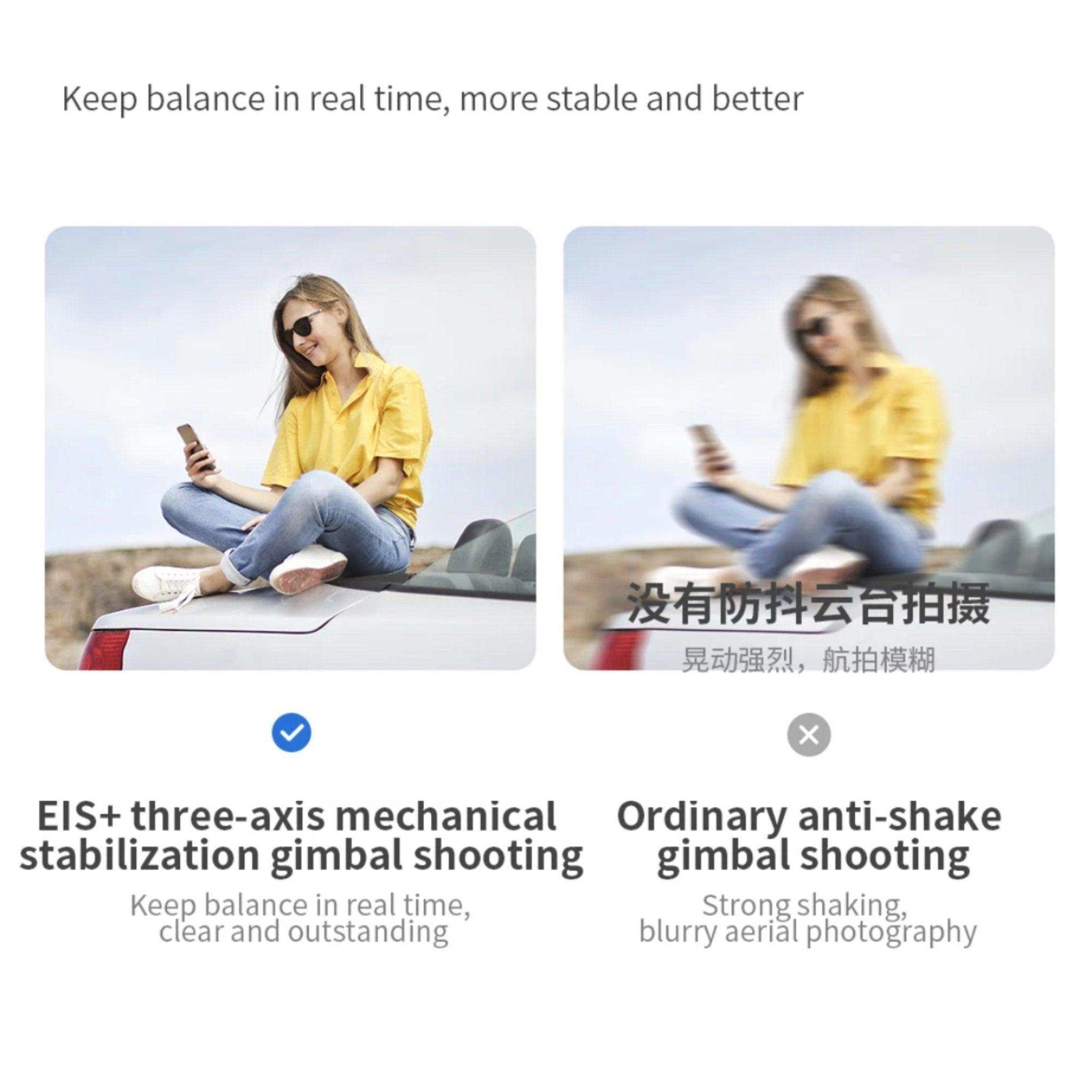 Side-by-side comparison photo showing clear EIS stabilized image and blurry ordinary gimbal effect, young woman in yellow shirt sits on car using phone outdoors, drone stabilization feature TUTT
