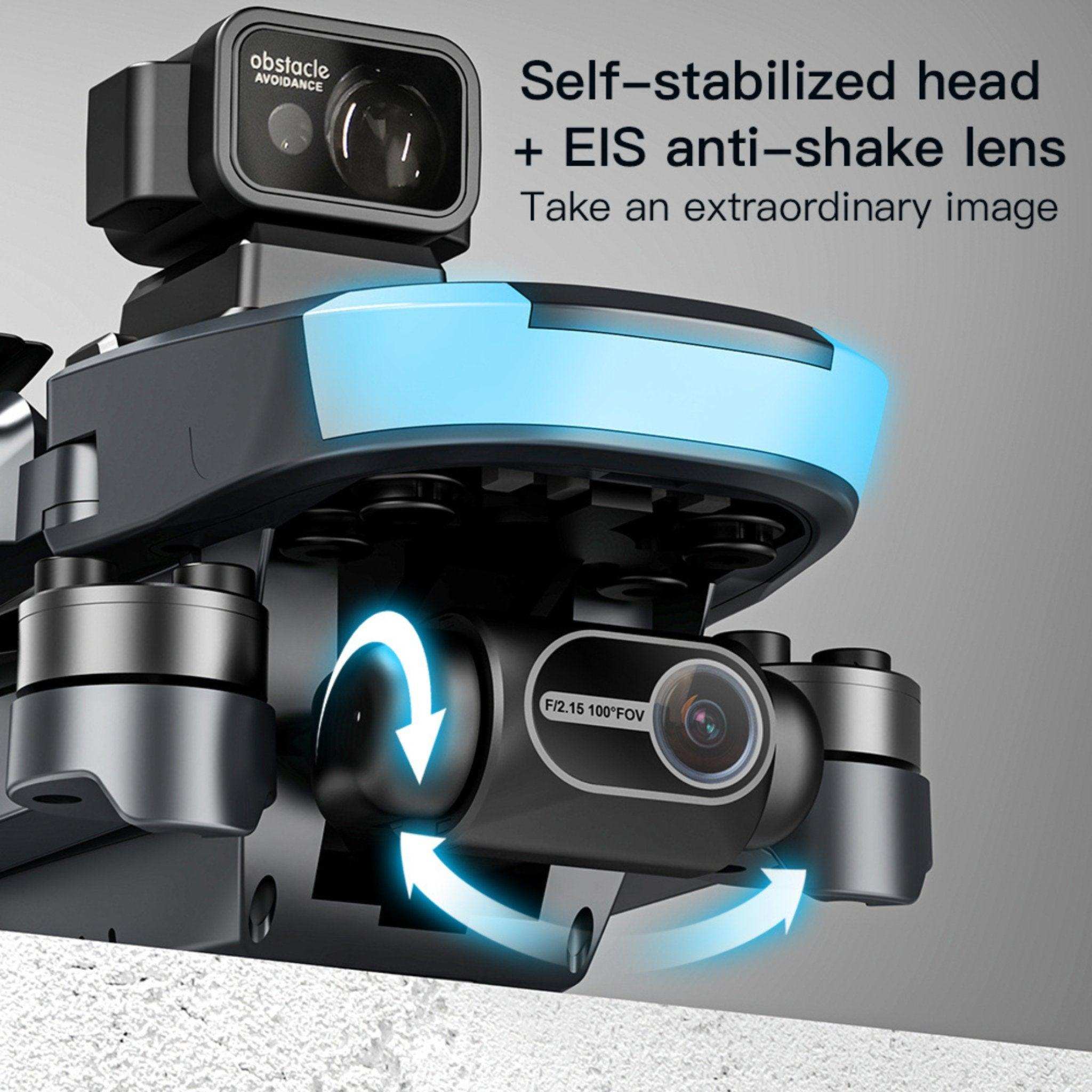 Close-up of professional mini drone with dual 4K cameras, EIS anti-shake, obstacle avoidance. TUTT