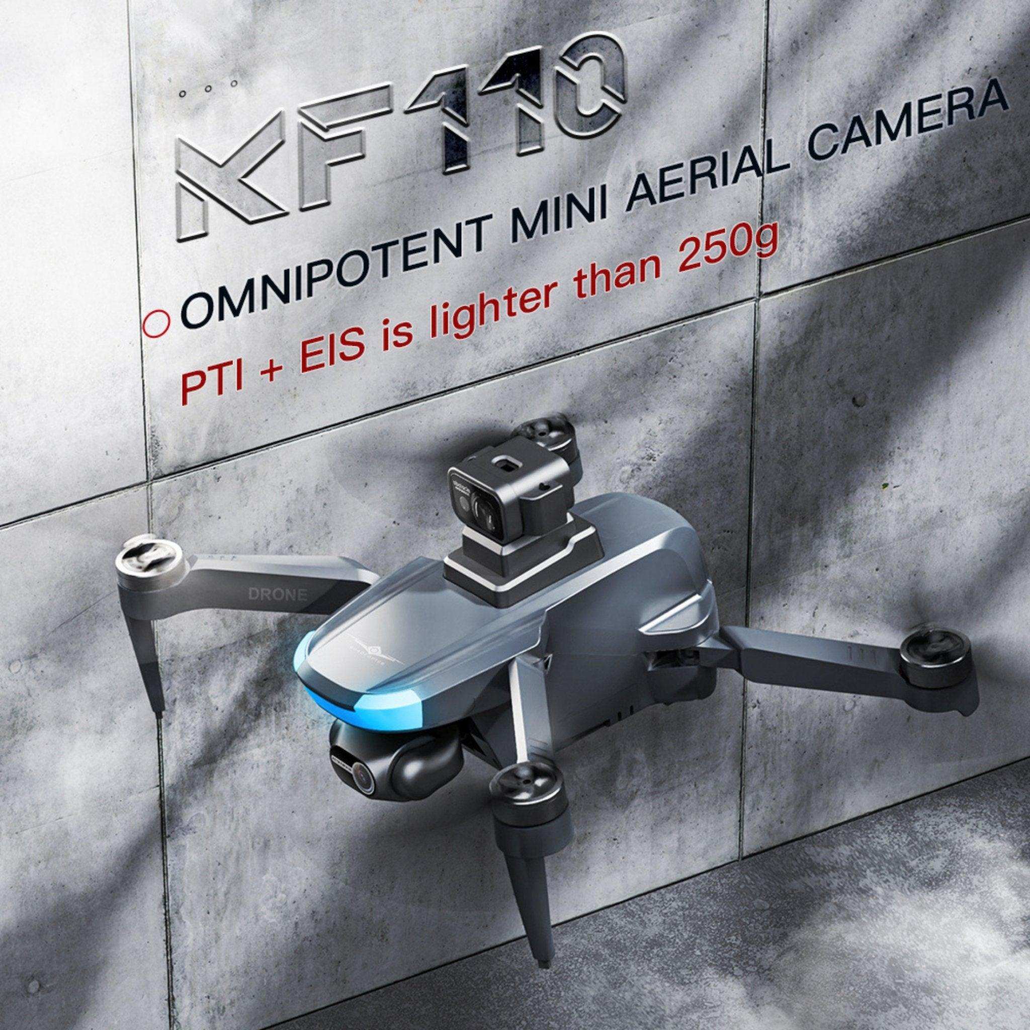 KF110 professional mini drone with dual cameras and blue LED light on grey concrete background TUTT