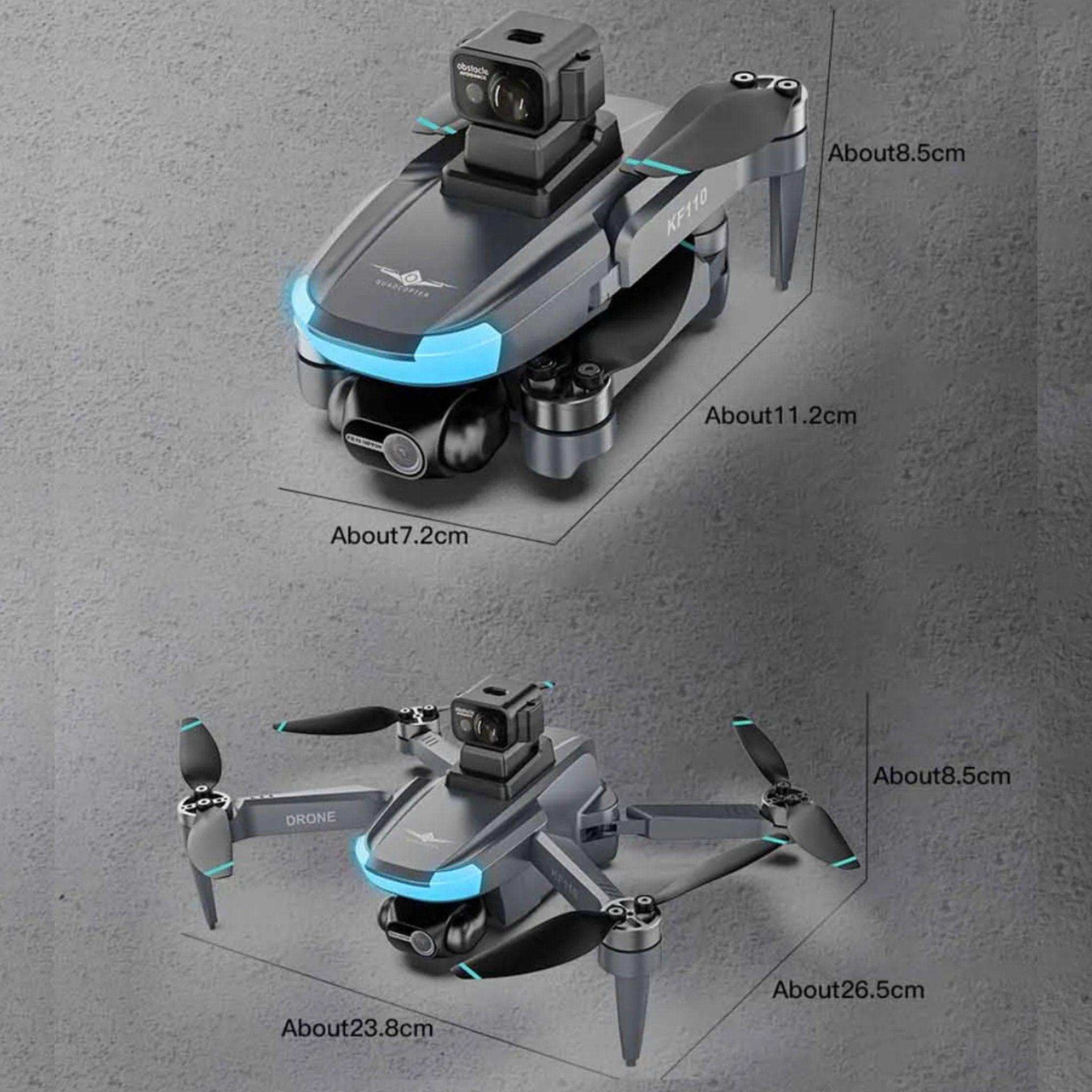 TUTT KF110 professional 5G mini drone with dual 4K cameras, folded and expanded views, showing blue LED accents and size dimensions. TUTT