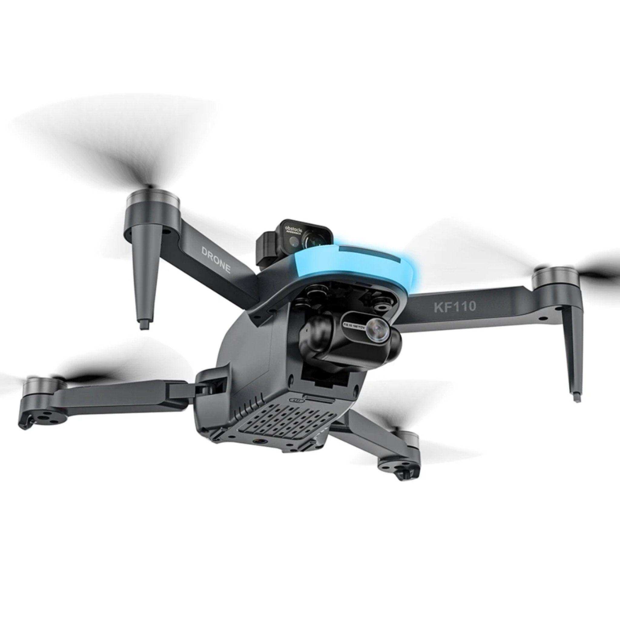 KF110 professional 5G mini drone with dual 4K cameras, blue accent, flying on white background TUTT