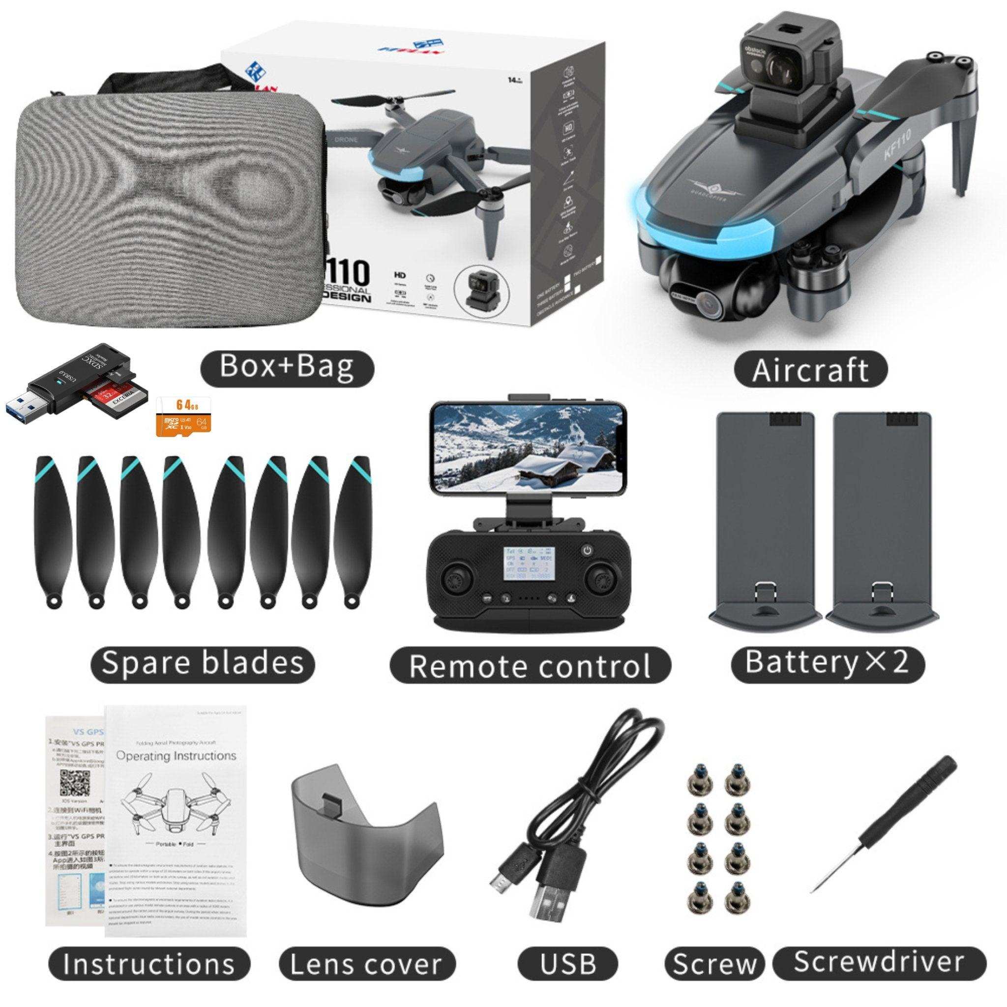 TUTT KF110 professional 5G mini drone kit with dual 4K cameras, remote, batteries, and accessories TUTT