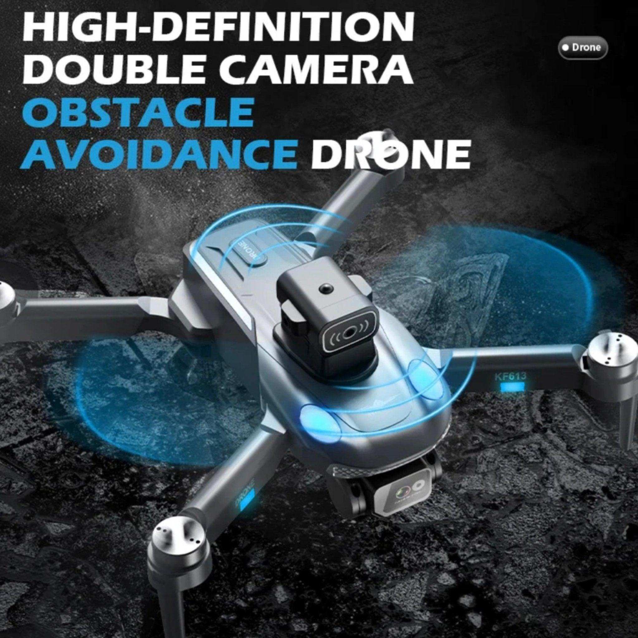 KF613 obstacle avoidance drone with brushless motors, dual cameras, and blue lights, close-up. TUTT