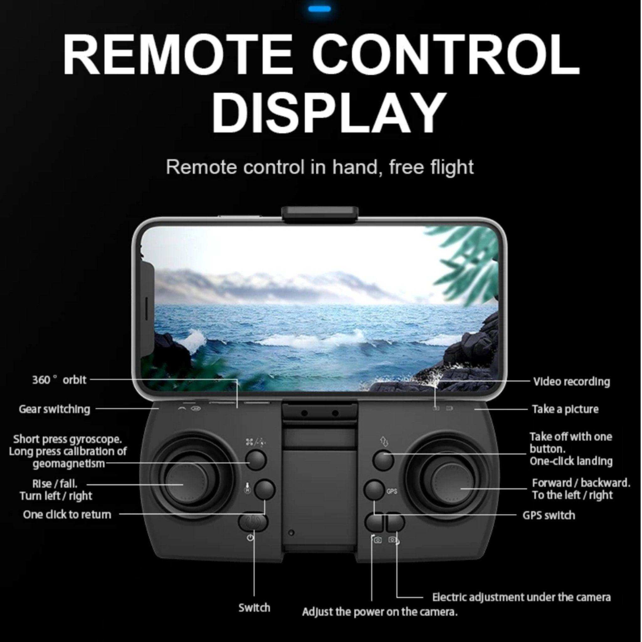 Remote control display for mini drone featuring labeled buttons and smartphone screen, TUTT
