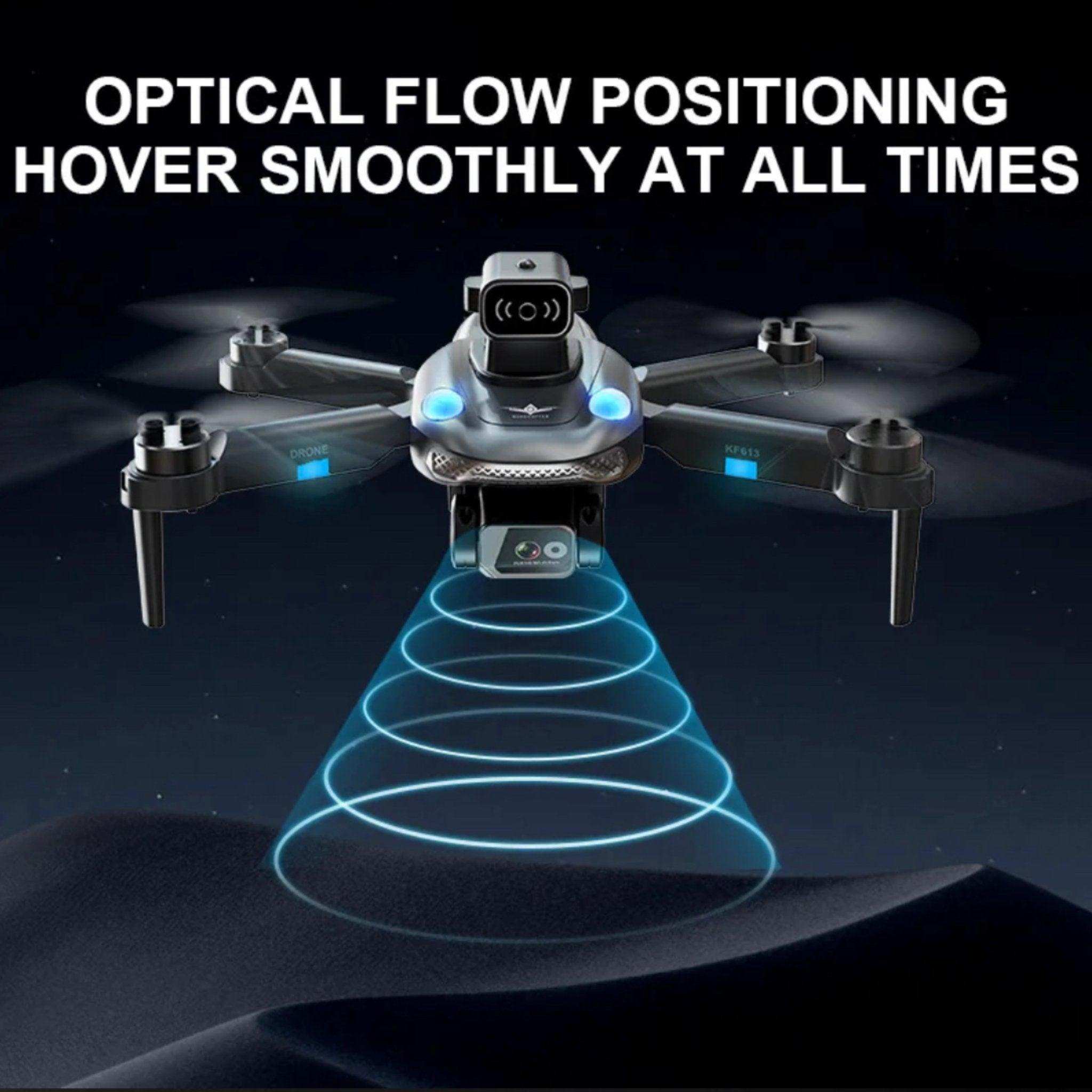 Mini drone with 4K HD camera and optical flow positioning hovering above dark surface, TUTT