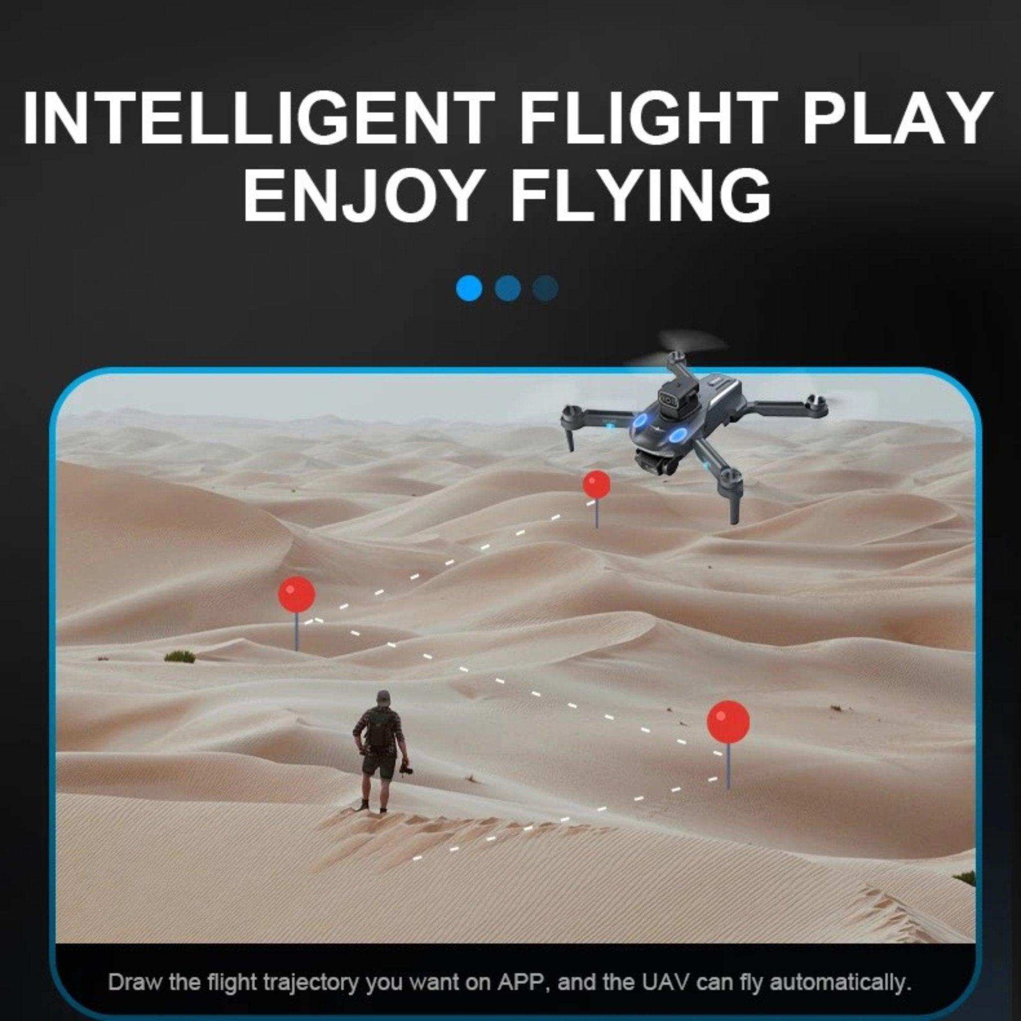 Mini drone with 4K HD camera flying above sandy desert following person, GPS and WiFi quadcopter TUTT