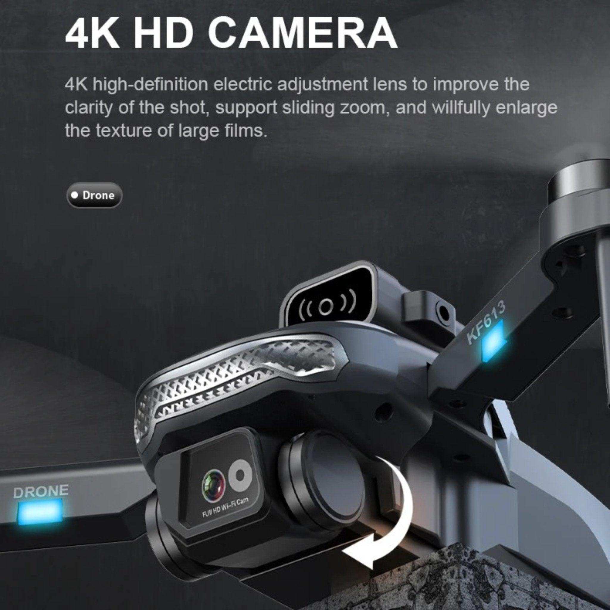 KF613 mini drone with 4K HD camera, brushless motor, WiFi indicator, close-up view. TUTT