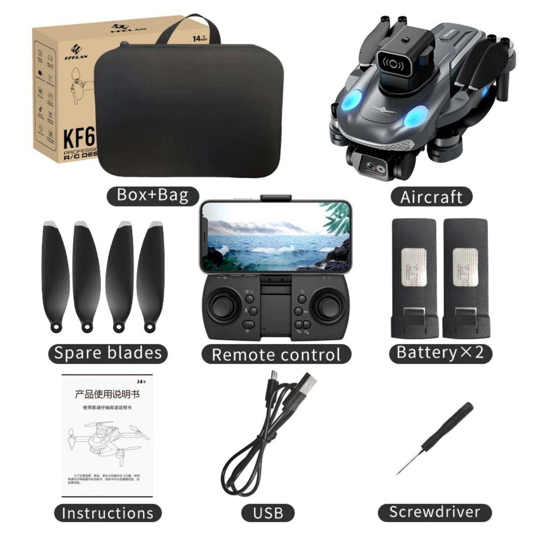 Mini drone kit with aircraft, controller, batteries, spare blades, USB cable, and case TUTT