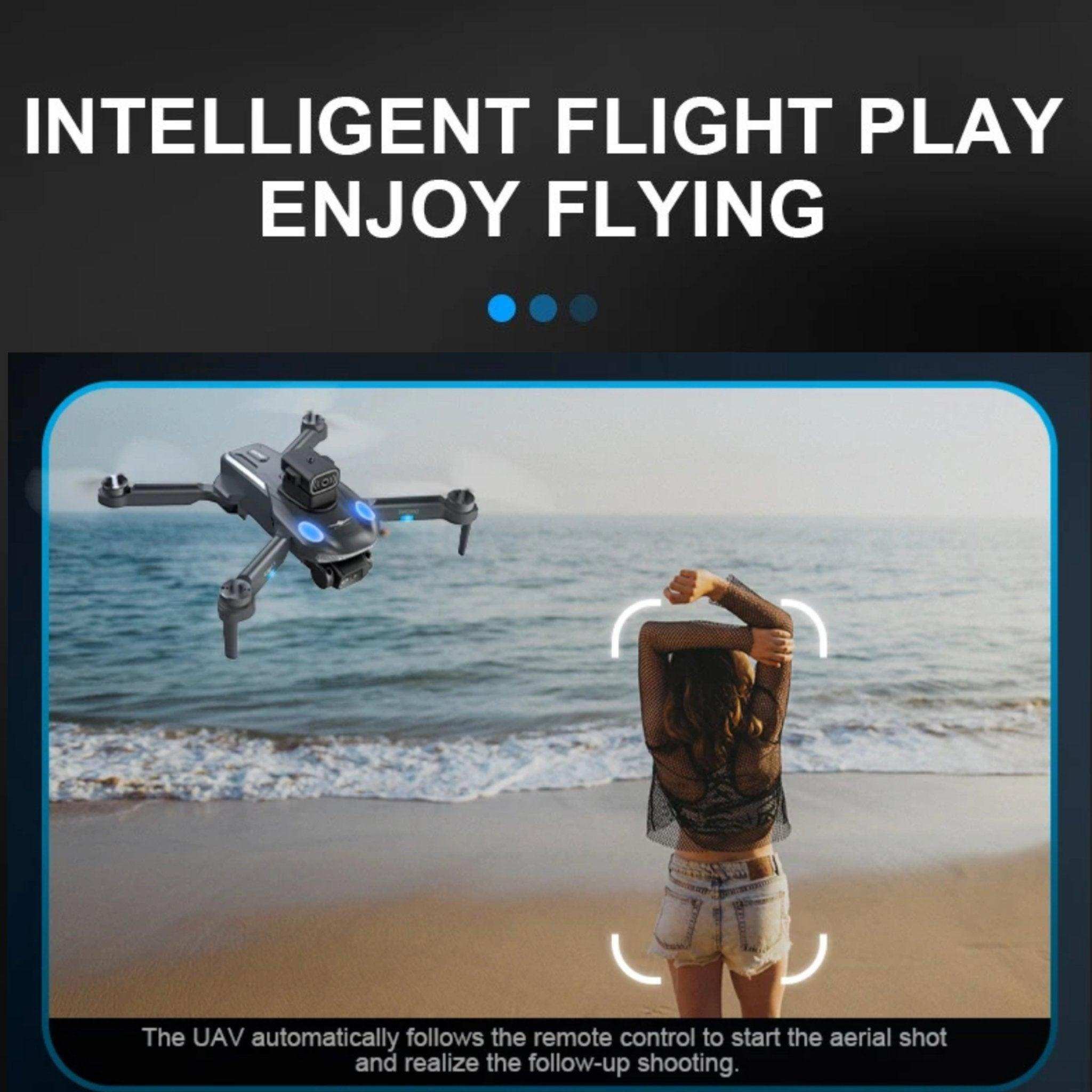 Mini drone with 4K camera flying over woman on beach, intelligent tracking in action TUTT