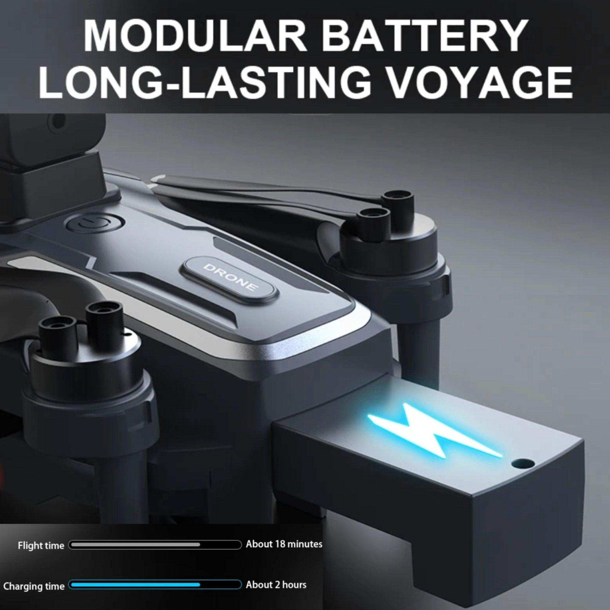 Close-up of modular battery being inserted into a black mini drone with LED indicator, flight and charging times displayed, TUTT