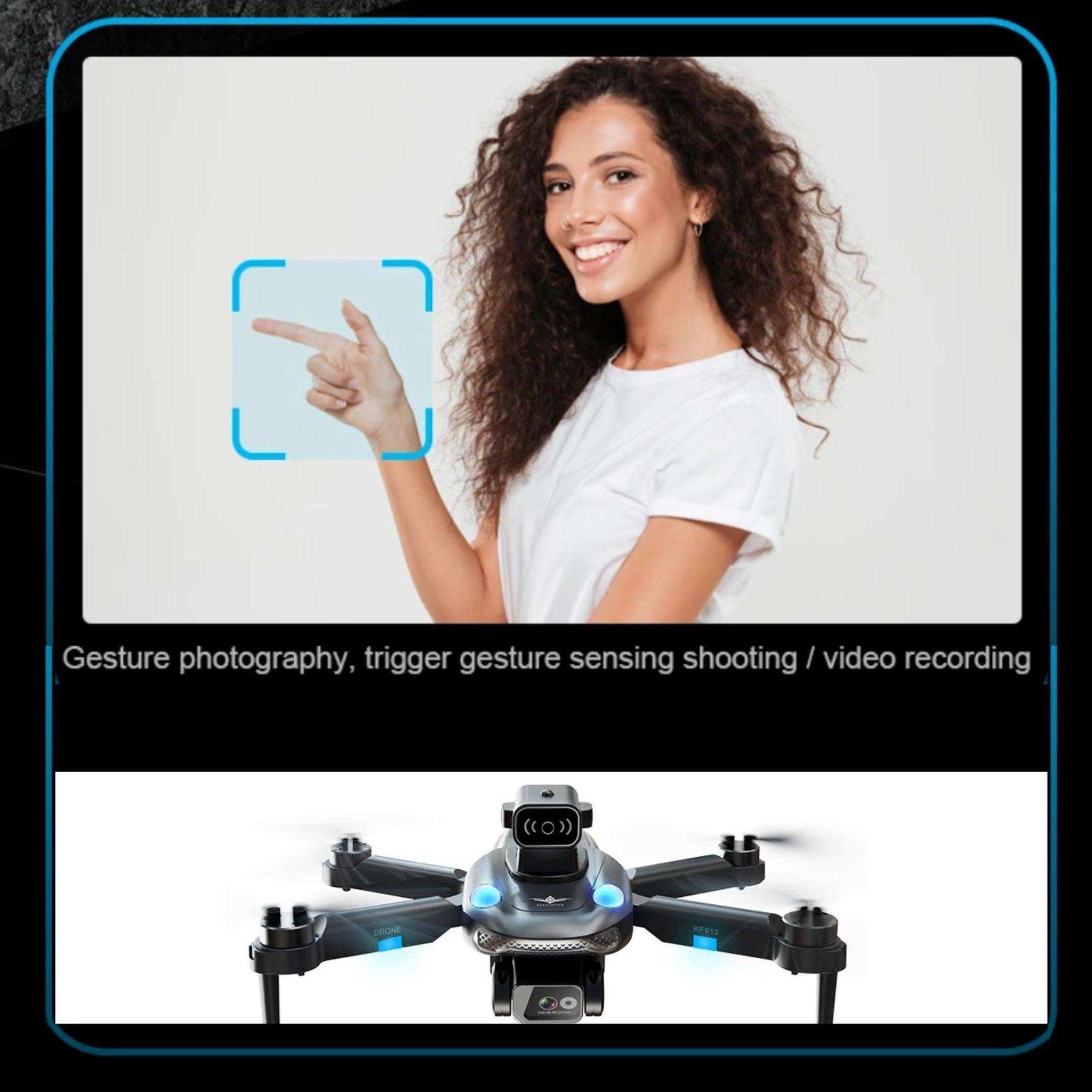 Woman using gesture control with highlighted gesture box above a 4K camera mini drone, brushless motor, WiFi GPS quadcopter. TUTT
