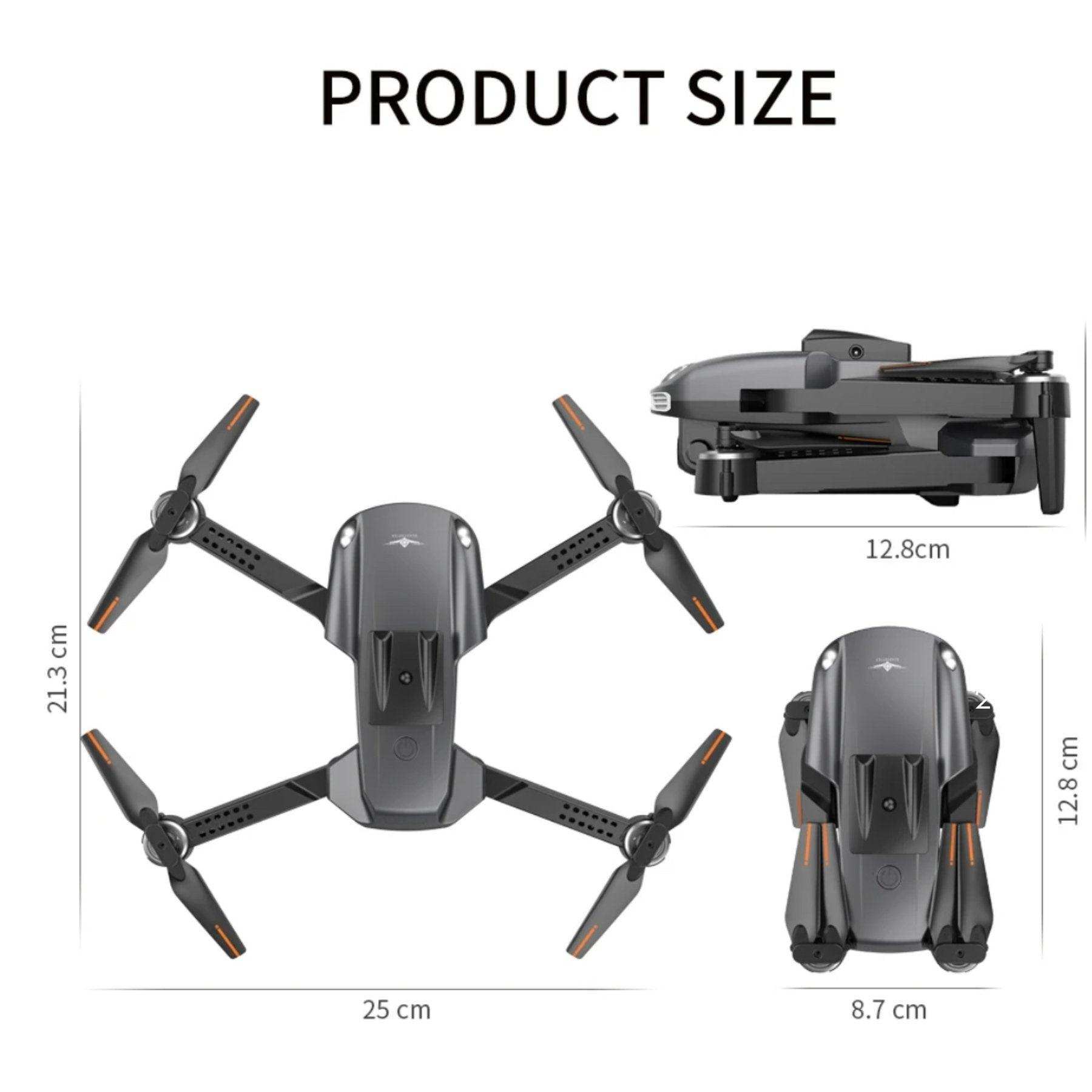 Mini drone with dual camera, quadcopter design, product size dimensions shown, TUTT